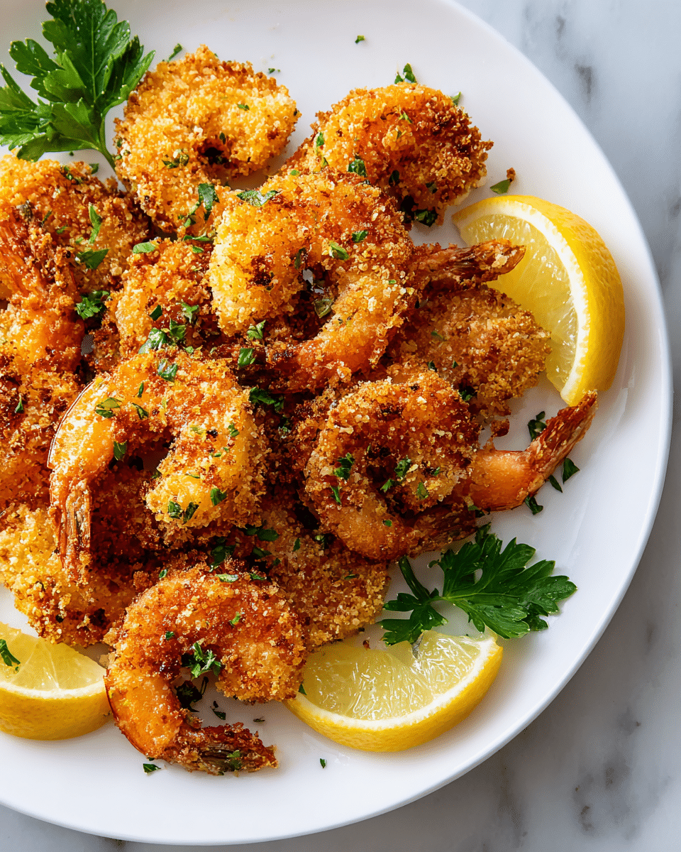 The image shows a pile of golden brown fried shrimp with a crunchy texture, sprinkled with small green herb pieces on top. There are a few bright yellow lemon wedges placed among the shrimp, adding a fresh color contrast. To the left, fresh green parsley leaves add a touch of vibrant green, all laid out on a white marbled surface. The shrimp pieces are close together, showing their rough crumb coating and different shapes. A silver fork is visible in the background next to the shrimp. photo taken with an iphone --ar 4:5 --v 7