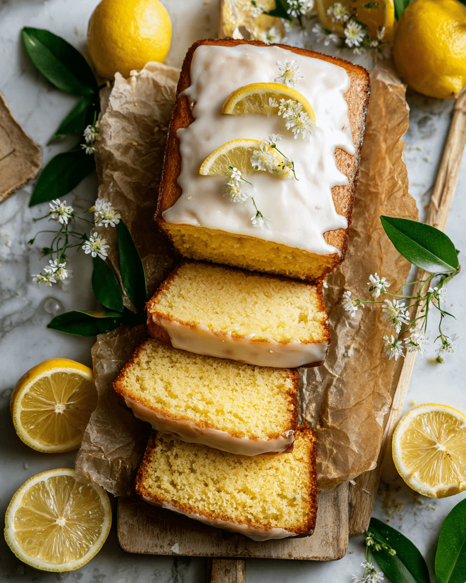 The image shows a loaf of lemon cake with six slices cut and laid out in front of the larger uncut part. Each slice has a golden-yellow crumb with a light brown crust around the edges and is topped with a thin, white icing layer. The cake sits on a piece of crumpled brown parchment paper on a wooden board, with green leaves, small white flowers, and halved and whole lemons placed around for decoration. The background surface has a white marbled texture. photo taken with an iphone --ar 4:5 --v 7