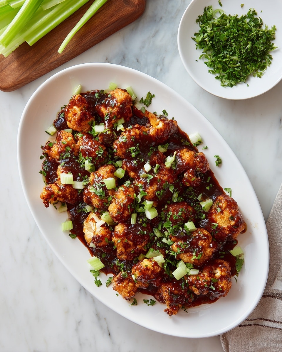 The image shows a white oval plate full of bite-sized fried cauliflower pieces covered in a shiny, thick, reddish-brown sauce. The cauliflower pieces are arranged closely together in one layer, each piece showing a rough, crispy texture visible under the sauce. Small green chive pieces are sprinkled evenly on top for a pop of color. The plate sits on a white marbled surface, with a wooden tray of celery sticks visible at the top left and a small white dish of chopped chives at the top right. A white and beige striped cloth is partially seen at the bottom right corner. photo taken with an iphone --ar 4:5 --v 7