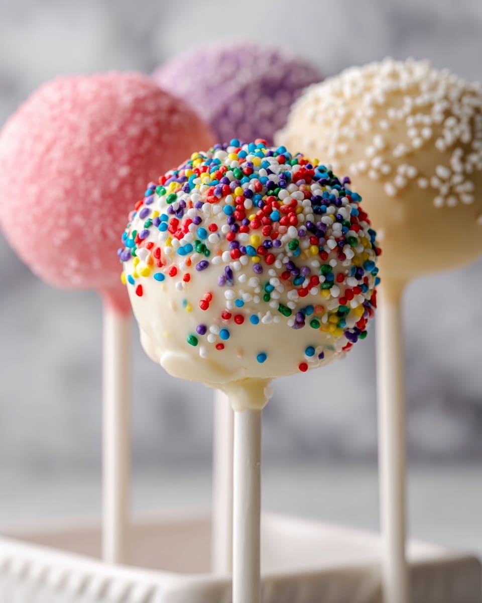 The image shows a close-up of four cake pops on white sticks, each coated in colorful smooth icing and topped with bright rainbow sprinkles. The closest cake pop is creamy white and covered with thick sprinkles in red, blue, green, purple, yellow, and white, positioned front and center. Behind it, another cake pop is light pink with smaller white sprinkles, followed by a beige one and lastly a partially blurred pink one farthest in the background. All the cake pops are standing upright in a white box with a textured edge that is visible at the bottom. The background is softly blurred with a white marbled texture. photo taken with an iphone --ar 4:5 --v 7