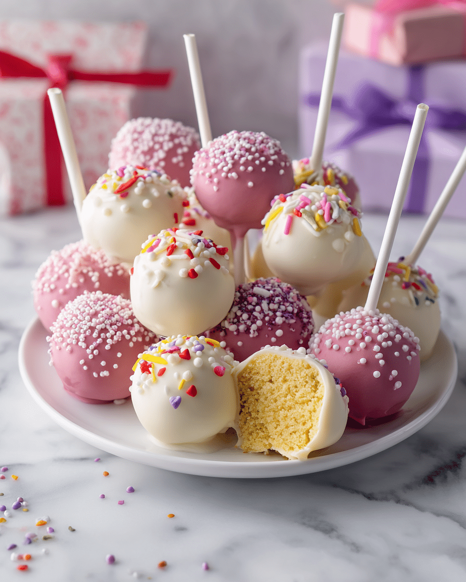 The image shows a white plate filled with two types of cake pops on white sticks. There are pink cake pops covered in smooth pink coating with small white round sprinkles on top, and white cake pops with a smooth white coating decorated with bright colorful long sprinkles in green, purple, yellow, pink, and orange. One white cake pop in the foreground is bitten, revealing a light yellow soft cake inside. Some colorful sprinkles are scattered around the plate and on the white marbled surface below. The background includes soft-colored wrapping papers in pastel pink and white with green, kept slightly out of focus. photo taken with an iphone --ar 4:5 --v 7