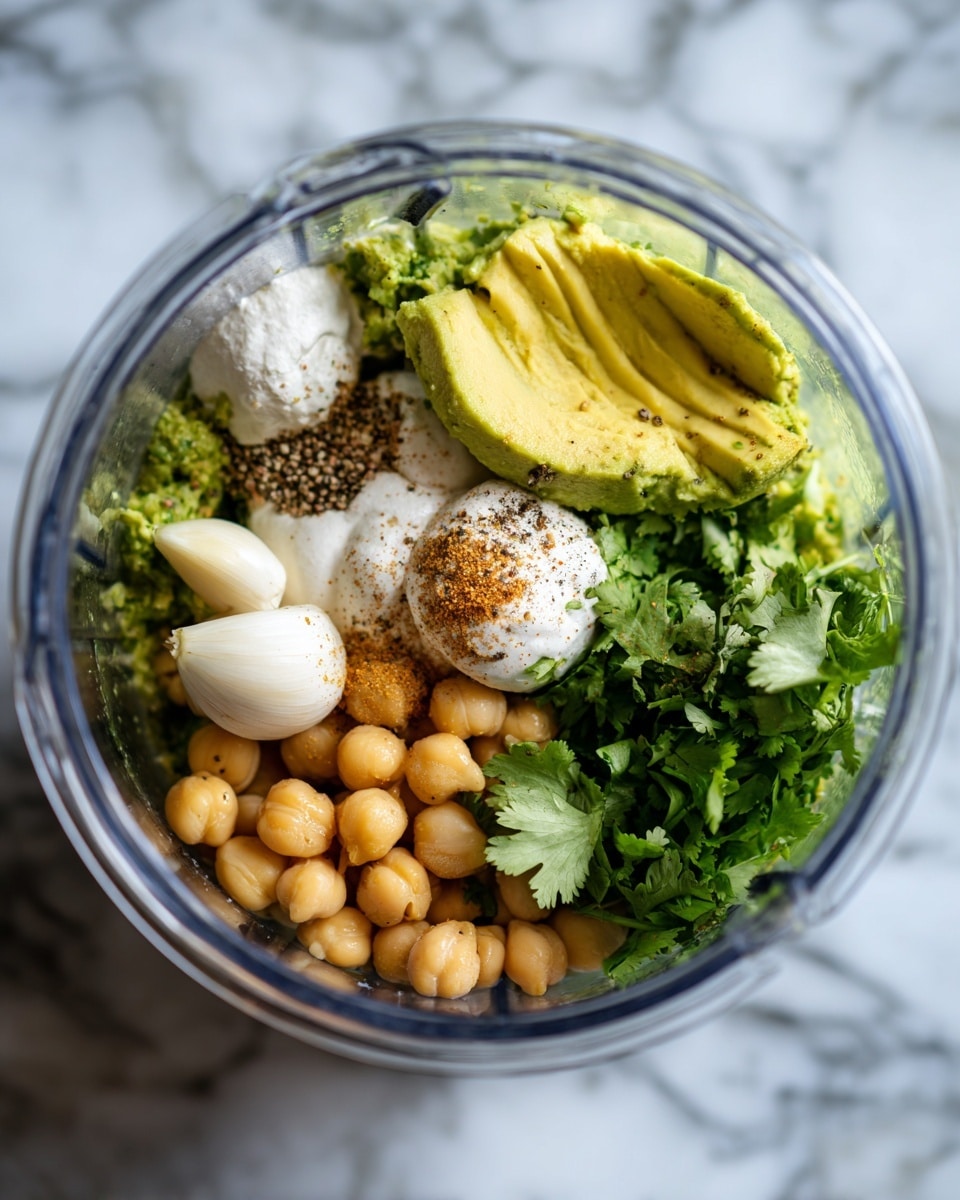 The image shows a clear blender container filled with several layers of fresh ingredients. At the bottom, there is a layer of chickpeas with a smooth light beige color. Above this, a layer of bright green cilantro leaves fills part of the container. On top, there are large slices of fresh avocado in a vibrant green-yellow shade. Scattered across the top and throughout are dollops of creamy white sauce, light brown ground spices, and coarse black pepper. Two whole peeled garlic cloves rest near the top, adding small white round shapes. The container sits on a surface with a white marbled texture. photo taken with an iphone --ar 4:5 --v 7