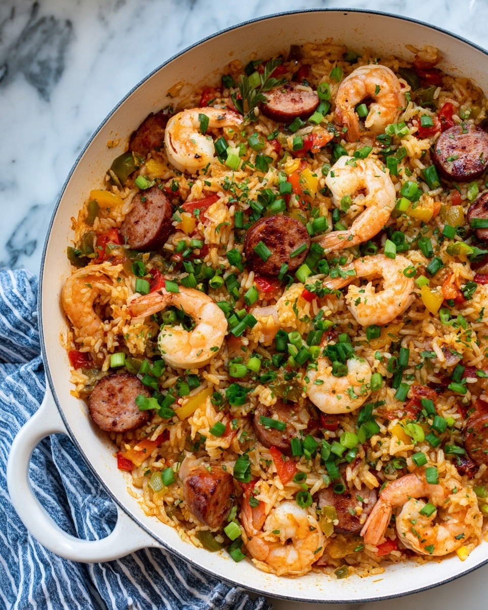 A white pan filled with a colorful one-layer rice dish. The rice is orange and mixed with shrimp that are pink with a slight orange hue, round slices of sausage that are brown, and shredded pieces of white chicken. Bright red and yellow bell pepper chunks and green pepper pieces are scattered throughout. The dish is topped with chopped green herbs. The pan is placed on a white marbled surface with a blue and white striped cloth underneath. Photo taken with an iphone --ar 4:5 --v 7