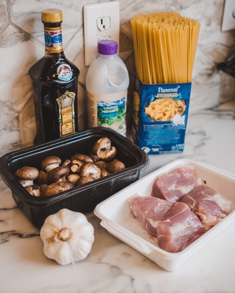 The image shows a group of cooking ingredients arranged on a white marbled surface. On the left, there is a bottle of brown liquid with a blue and gold label next to a white plastic bottle with a purple cap and a green label. In front of these bottles is a black plastic container filled with brown mushrooms. Below the mushrooms, on the surface, there is a bulb of garlic with white skin and a light purple shallot. To the right side, there is a white foam tray holding two raw, light pink pieces of meat. Behind the tray, a blue box of penne pasta stands upright. The background features a white tiled wall with a power outlet. photo taken with an iphone --ar 4:5 --v 7