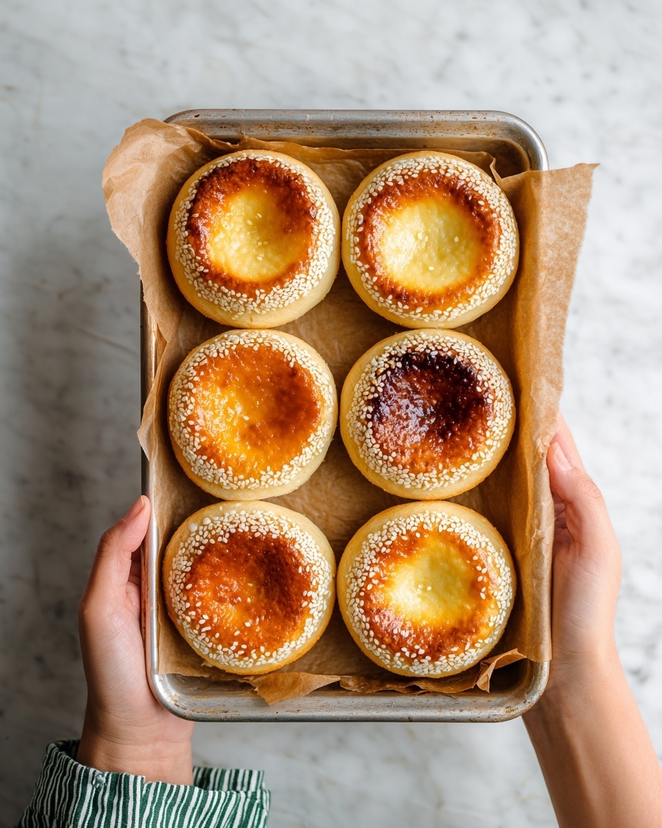 A metal baking tray lined with light brown baking paper holds seven round golden-brown pastries. Each pastry has a raised edge covered with white sesame seeds, creating a thick ring around the center. The centers are slightly sunken and vary in color from light golden to a deeper brown. The pastries have a soft, fluffy texture with a shiny, baked surface. A woman's hand holds the tray from the bottom left corner, and the background is a white marbled surface. The photo is taken from above, capturing the whole tray and part of the woman's striped green and white pants. photo taken with an iphone --ar 4:5 --v 7