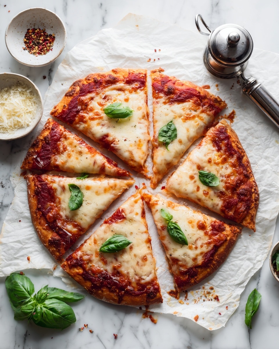A round pizza sliced into six pieces on a white marbled surface with a sheet of white parchment paper underneath. The pizza has a light brown crust as the base layer, topped with a layer of red tomato sauce with visible chunks and patches. Above it is a layer of melted white cheese slightly browned in spots. Scattered red chili flakes and fresh green basil leaves sit on top, adding color and texture. Nearby are small bowls with seasonings, and a white shaker container is visible in the top right corner. Photo taken with an iphone --ar 4:5 --v 7