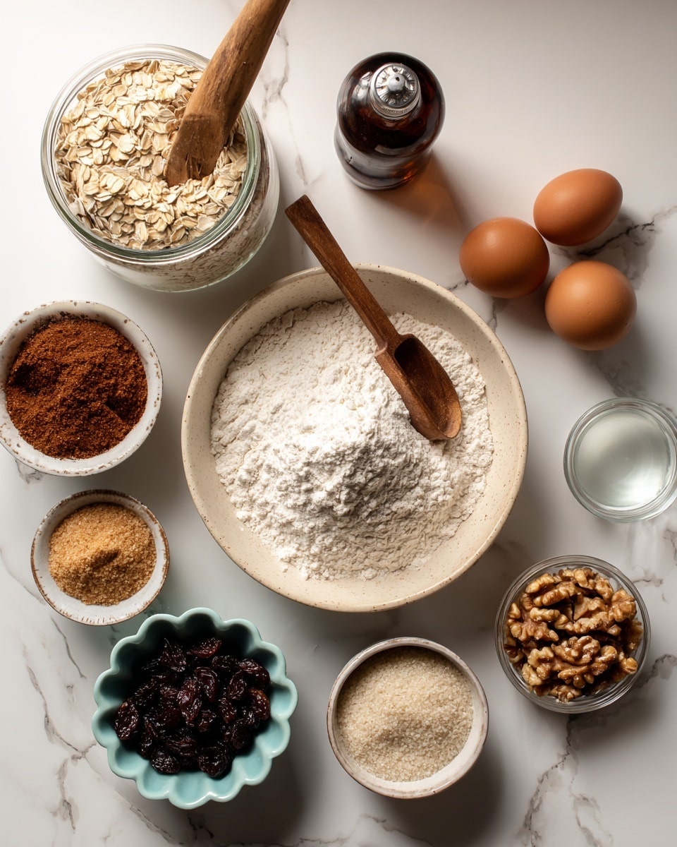 The image shows a white marbled surface with various baking ingredients arranged neatly. At the center is a light beige bowl filled with white flour, baking powders, and a small brown spice pile, with a wooden spoon resting inside. Above it to the right, a small white bowl holds two brown eggs, and next to it is a small dark brown bottle with a silver cap nearby. To the left, a glass jar filled with rolled oats has a wooden scoop inside. Below the oats is a white scalloped bowl full of dark raisins, and next to it is a pale blue cup filled with walnut pieces. Below the flour bowl, a white bowl contains light brown sugar, and at the bottom right, a clear small glass bowl contains a light liquid. The overall setup is clean and organized, photo taken with an iphone --ar 4:5 --v 7