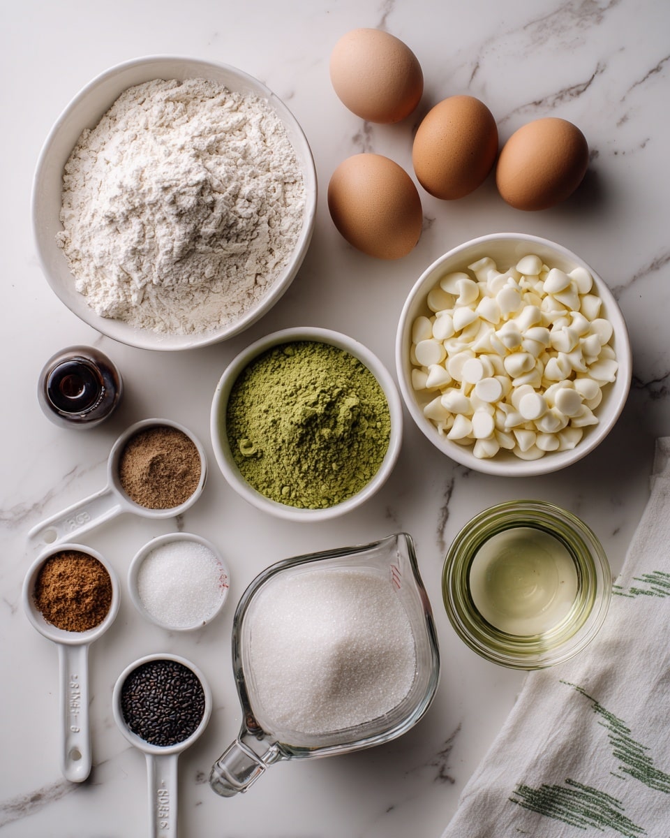 The image shows various baking ingredients arranged neatly on a white marbled surface. At the top left, there is a white bowl filled with flour, next to two brown eggs on the right. Below the flour bowl is a white bowl filled with white chocolate chips, and to its right is a small clear glass bowl with green matcha powder. In the center right, there is a clear glass measuring cup with a transparent liquid, likely oil or water. At the bottom, there is a white measuring cup filled with granulated sugar, and beside it, several small spoons hold brown sugar, white powder (baking soda or powder), and black sesame seeds. A dark bottle is partially visible on the left bottom side, and a white cloth with simple green lines lies on the top right corner. photo taken with an iphone --ar 4:5 --v 7