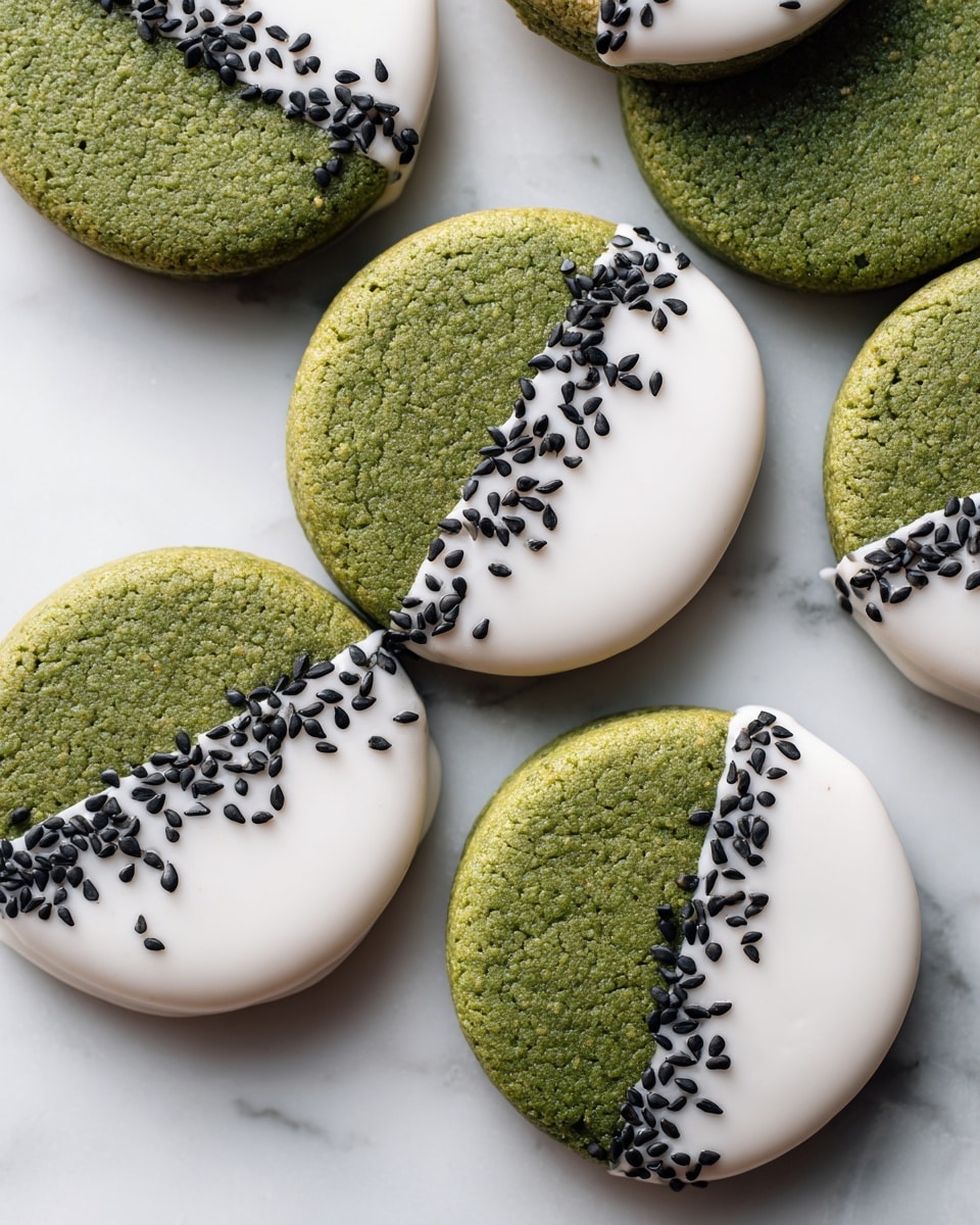 The image shows many small round green cookies arranged closely on a white marbled surface. Each cookie is half-covered in smooth white icing, and this white icing half is sprinkled with small black sesame seeds. The green part of the cookies looks soft and slightly cracked on the surface, giving a textured look. The contrast between the green cookie dough, the white icing, and the black sesame seeds makes the cookies look very fresh and tasty. photo taken with an iphone --ar 4:5 --v 7