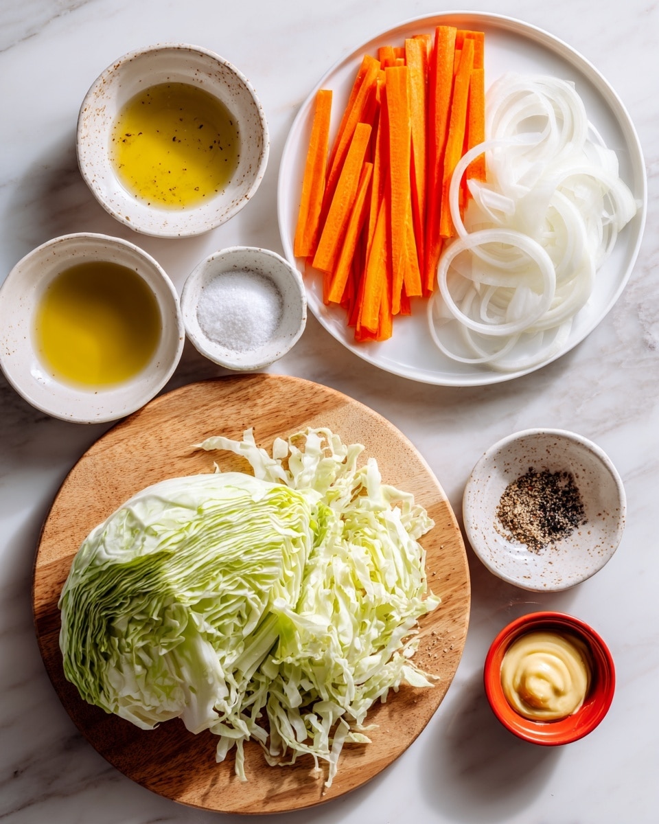 The image shows various fresh ingredients arranged on a white marbled surface and a wooden board. On a white round plate at the top right, there are two layered sections: thin, bright orange carrot sticks on the left and thin, white onion slices on the right. Below that, on a wooden board, chopped light green cabbage sits in the middle with a large, half green cabbage head to the right. Around the board, small white bowls hold white sugar and a mix of white kosher salt and black pepper. Two small yellow bowls contain olive oil and distilled vinegar, placed near the bottom left. Finally, a small red bowl with pale yellow Dijon mustard sits near the bottom right corner of the wooden board. The clean, simple colors and neat layout are clearly visible in natural light. Photo taken with an iphone --ar 4:5 --v 7
