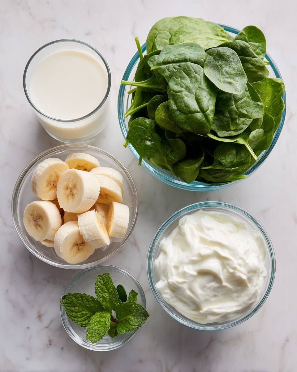 The image shows four clear glass bowls arranged on a white marbled surface. One bowl holds fresh spinach leaves, stacked loosely with dark green colors and smooth textures. Another bowl contains peeled banana slices, pale yellow with slight brown spots, filling the bowl halfway. A third bowl is filled with white creamy yogurt with a soft, smooth texture. The smallest bowl contains a few fresh mint leaves, bright green with a slightly crinkled texture, placed neatly. There is also a transparent glass filled with a creamy white liquid, likely milk or a milk substitute. photo taken with an iphone --ar 4:5 --v 7