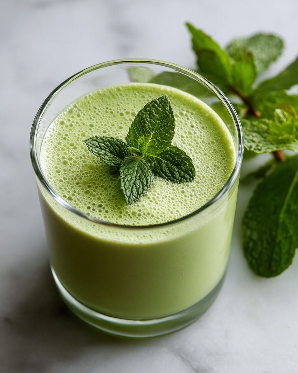 A clear glass filled with a smooth, thick green smoothie that reaches almost to the top, with tiny bubbles visible on the surface. On the surface, two small fresh mint leaves sit in the center. The glass sits on a white marbled surface, and some green leaves are slightly blurred in the background. photo taken with an iphone --ar 4:5 --v 7