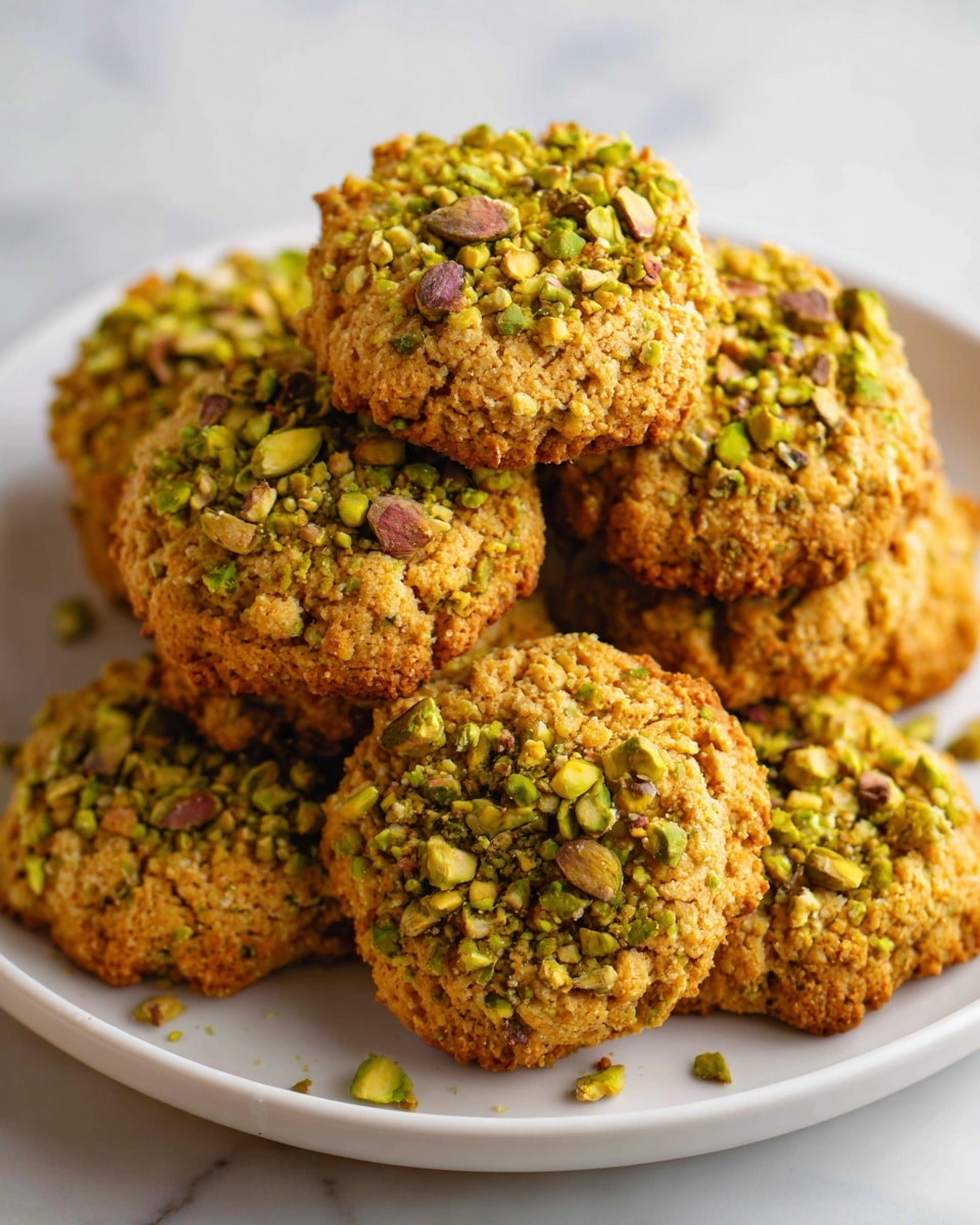 A white plate holds a pile of nine round cookies with rough, uneven edges. Each cookie is golden brown with a crumbly texture and topped with a generous layer of chopped green and brown pistachio nuts. The cookies are stacked casually with some overlapping. The plate sits on a white marbled surface that adds subtle texture to the background. The lighting is soft, highlighting the crunchy nut topping and the warm color of the cookies. photo taken with an iphone --ar 4:5 --v 7