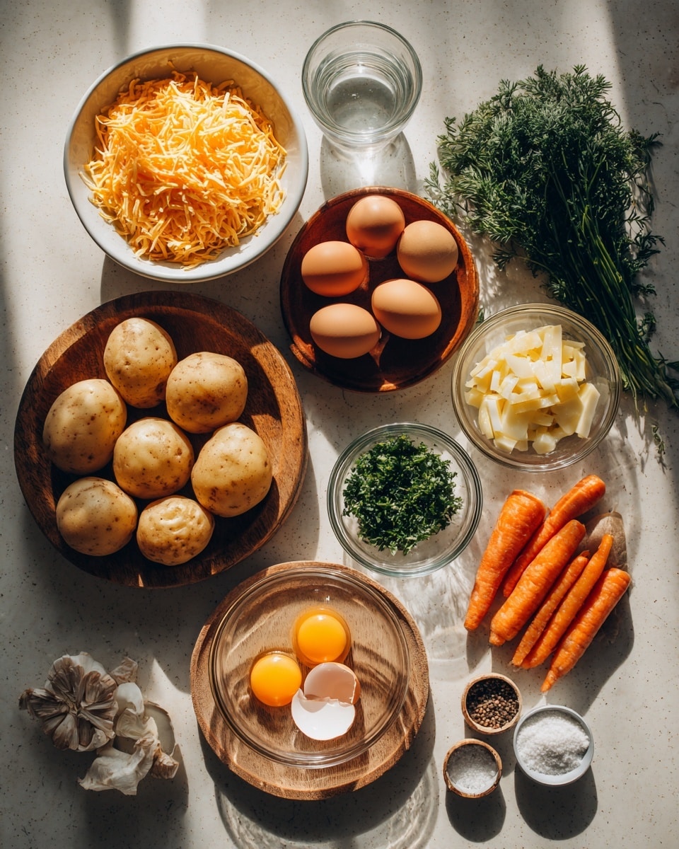 The image shows many food ingredients neatly arranged on a white marbled surface. At the top left, a white bowl holds shredded orange cheese, beside it is a cup of clear water, then fresh green herbs bundled together on the right. Below the cheese, there is a wooden plate with a pile of round light brown potatoes. Next to it, a round wooden plate holds six brown eggs evenly spaced. There is also a small bowl filled with chopped green herbs, and a glass bowl filled with thin slices of butter. Below these, a wooden circular board holds three bulbs and a cracked open egg shell with an orange yolk inside. A glass bowl with two egg yolks seasoned with black pepper is near some small potatoes. To the right, a cluster of bright orange carrots adds color. Finally, small white containers of salt and pepper are at the bottom right. The light casts soft shadows, creating a warm and fresh feel to the scene photo taken with an iphone --ar 4:5 --v 7