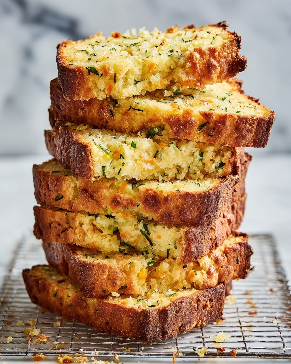 A stack of six thick slices of savory bread is shown on a silver cooling rack over a white marbled surface. The bread has a golden-brown crust with a rough texture, and the inside is a pale yellow with bits of green herbs and small orange pieces mixed throughout. Each slice shows a clear difference between the crust and the soft, crumbly interior, with the herbs and added ingredients evenly spread inside the bread. Some crumbs are scattered on the surface around the stack. Photo taken with an iphone --ar 4:5 --v 7