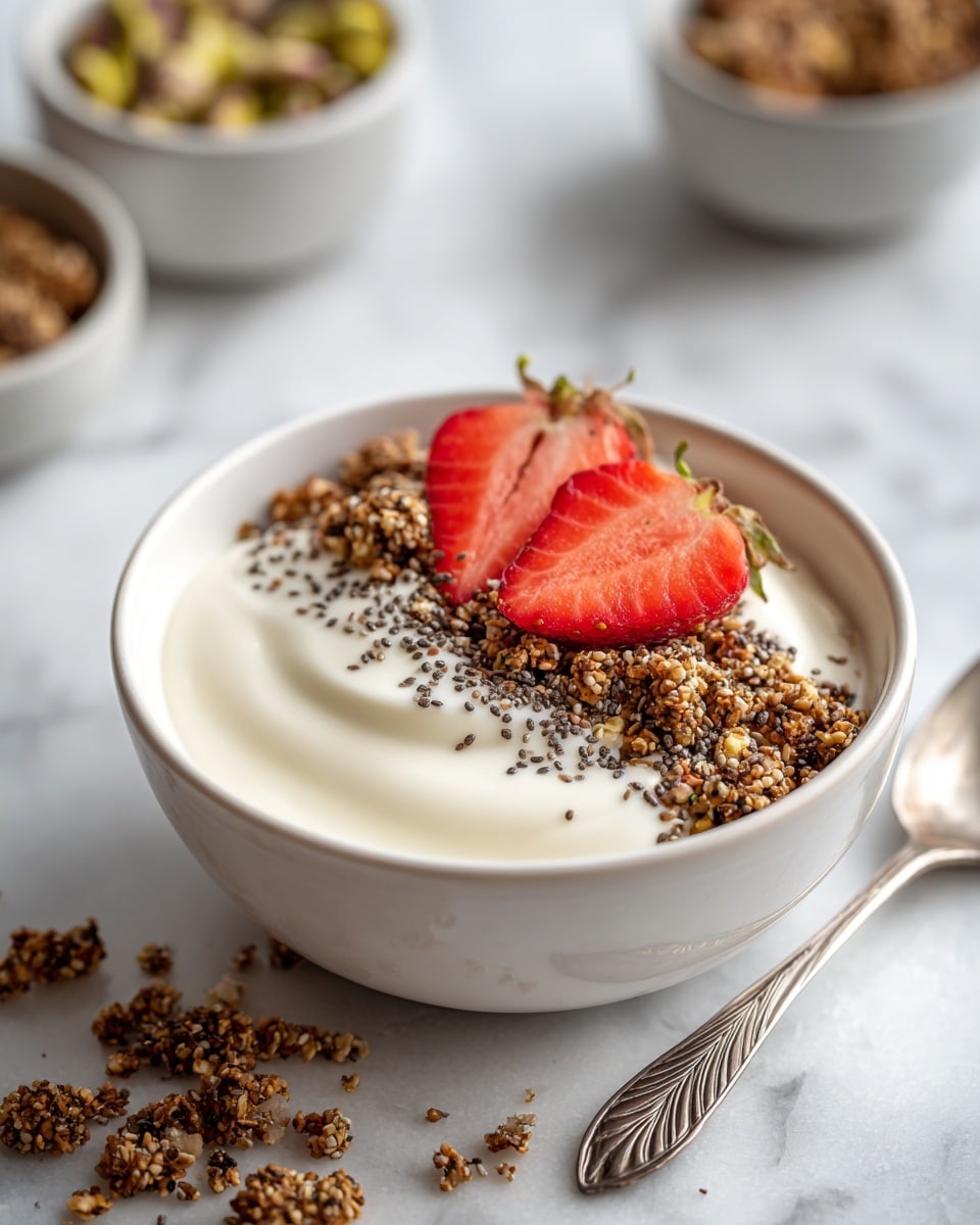 A light brown bowl filled with a base layer of smooth white yogurt, topped with a scattering of small dark chia seeds and crunchy brown granola pieces, with two bright red strawberry halves placed upright in the center; a silver spoon with a decorative leaf handle is inside the bowl on the right side, the bowl sits on a white marbled surface with some granola scattered around. Photo taken with an iphone --ar 4:5 --v 7