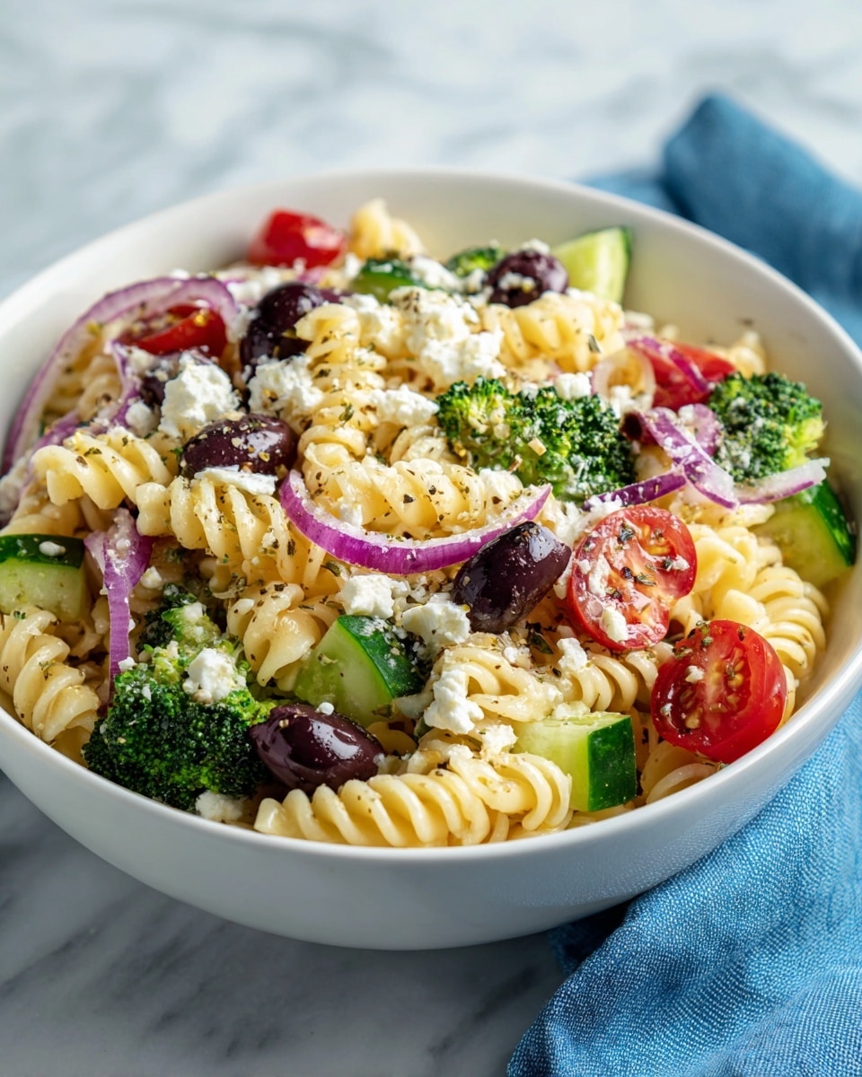 A white bowl filled with three layers of rotini pasta that is light yellow, mixed with chunks of green broccoli, pieces of cucumber with green skin, black olives, halved red cherry tomatoes, thin slices of purple onion, and small crumbles of white feta cheese scattered on top. The salad looks fresh with a light sprinkle of herbs and seasoning visible on the ingredients. The bowl is placed on a white marbled surface with a blue cloth nearby. Photo taken with an iphone --ar 4:5 --v 7