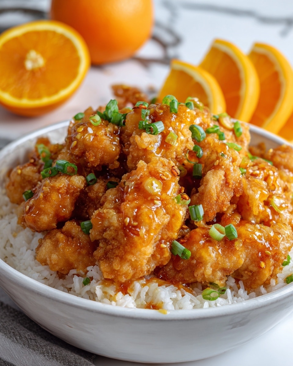 A white bowl filled with a base layer of white rice, topped with a thick layer of golden-brown fried chicken pieces covered in a shiny orange sauce. The chicken is sprinkled with small green onion slices, adding spots of green color. Behind the bowl, there is a half orange placed upright, with orange slices arranged loosely in the blurred background on a white marbled surface. The focus is on the chicken pieces and sauce showing a glossy texture, making the dish look rich and tasty. photo taken with an iphone --ar 4:5 --v 7