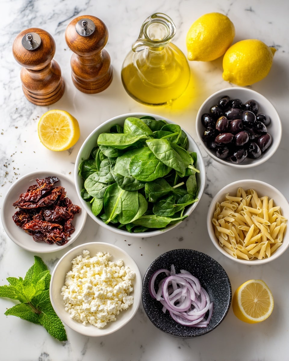The image shows seven bowls and containers with different ingredients on a white marbled surface. In the center, there is a white bowl full of fresh green spinach leaves, next to a similar bowl with sliced purple onion rings on the right. Above the spinach is a small white bowl filled with crumbly white cheese, and to the left of it, another small white bowl holds sun-dried tomatoes that are bright red and slightly wrinkled. Above the cheese bowl, there is a white bowl full of dark purple black olives, and to the right of that, a black textured bowl holds uncooked pale yellow orzo pasta. At the back, there is a glass bottle filled with yellow olive oil and three half lemons with bright yellow skin and juicy pale flesh. Two wooden salt and pepper grinders are also visible on the left next to green mint leaves. Photo taken with an iphone --ar 4:5 --v 7