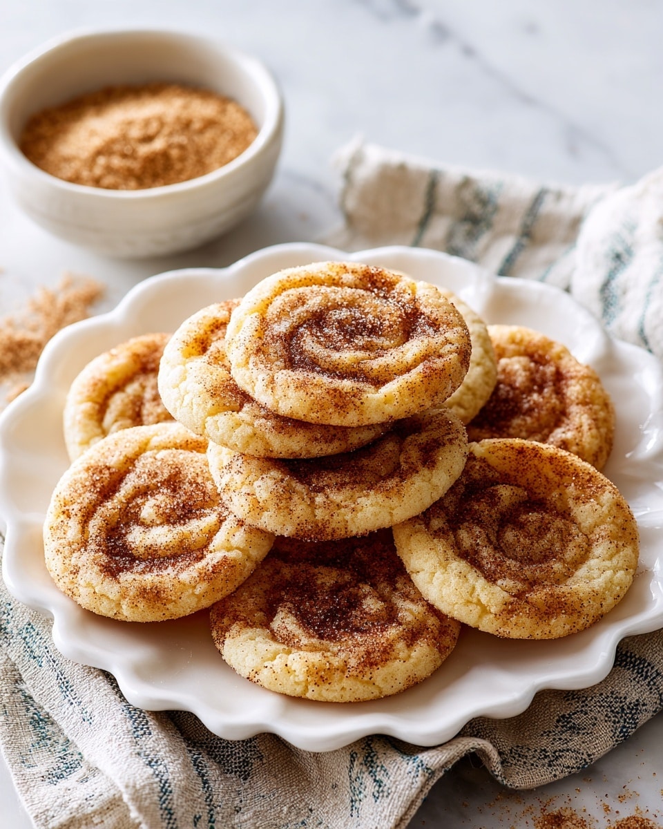 Seven round cinnamon sugar cookies are stacked in a flower shape on a white scalloped edge plate. Each cookie is light golden brown with a rough surface showing swirls of sugar and cinnamon on top. The plate is set on a white marbled texture surface with a striped cloth napkin partially underneath on the lower left side. Above the plate is a small white bowl filled with cinnamon sugar mix. The image has soft natural lighting and is taken from above. Photo taken with an iphone --ar 4:5 --v 7