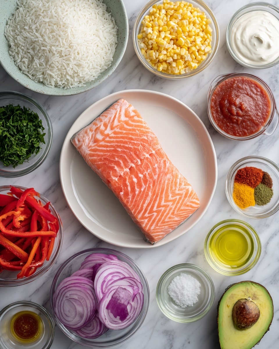 The image shows a fresh pink salmon fillet with clear white lines, placed in the center of a white plate. Surrounding it are small clear bowls filled with various colorful ingredients on a white marbled surface. To the top left, there is a bowl of white cooked rice and a smaller bowl of chopped green herbs. To the top right, three bowls hold bright red sauce, creamy white thick yogurt, and a smoother white cream. Near the salmon, there are small bowls of yellow corn, orange-red spice powder, minced pale yellow garlic, and a light brown liquid that looks like honey. At the bottom left, a bowl has thinly sliced purple-red onions, and just below it, there’s another bowl filled with long red bell pepper strips. On the bottom right side, a whole dark green avocado is placed next to small bowls containing light green zest, clear lemon juice, clear golden olive oil, and a tiny bowl with white salt. The scene is brightly lit to highlight the fresh colors and textures of each ingredient. photo taken with an iphone --ar 4:5 --v 7