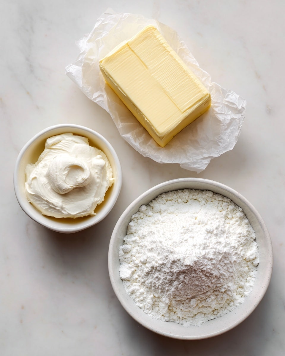 A top-down view of three baking ingredients arranged on a white marbled surface: a small white bowl filled with a soft, creamy white layer of cream cheese in the center, a block of pale yellow butter wrapped partially in paper positioned to the left, and a larger white bowl below filled with a fine, powdery white layer of powdered sugar with a slightly uneven surface. The image has a clean and simple look with natural lighting. Photo taken with an iphone --ar 4:5 --v 7