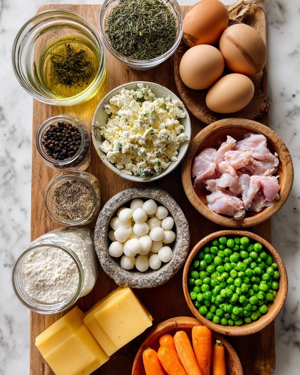 A top view of a wooden board on a white marbled surface holding several small bowls and ingredients arranged neatly. Starting from the top: a glass bowl with dried green herbs, a small glass bowl with dark cloves, a cluster of brown eggs, a white bowl filled with crumbly, creamy white cheese mixed with small bits, a small stone bowl with bright green peas, a wooden bowl with cooked green peas, and another wooden bowl filled with raw light pink chicken pieces. Below these, there are two medium yellow onions, a few square slices of pale yellow cheese stacked on top of each other, another wooden bowl filled with bright orange baby carrots, a glass jar with white round objects covered in powder, a small bowl of white flour, and a small glass bowl of black pepper. To the left side, there is a wooden container holding a clear, light yellow liquid with bits of herbs. The shot is bright with natural light. photo taken with an iphone --ar 4:5 --v 7