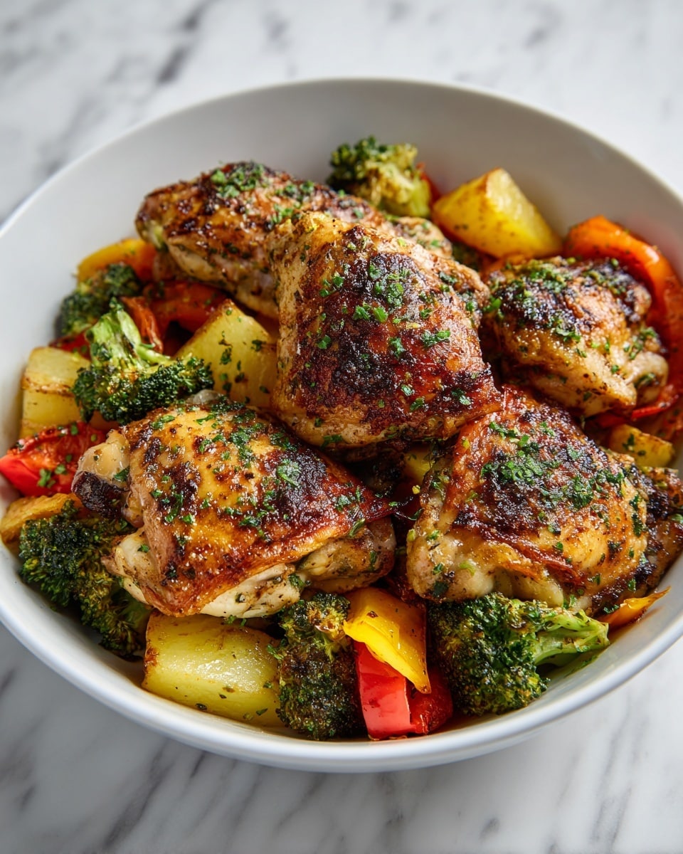 A white bowl filled with five pieces of golden brown roasted chicken thighs, each showing a crispy, slightly charred skin with green herb bits on top. Beneath and around the chicken, there is a mix of colorful roasted vegetables including bright green broccoli florets, orange carrot chunks, yellow bell pepper pieces, and some browned small potato sections. The vegetables have a roasted, slightly caramelized look, and everything is garnished with small green herb leaves. The bowl is placed on a white marbled textured surface. photo taken with an iphone --ar 4:5 --v 7