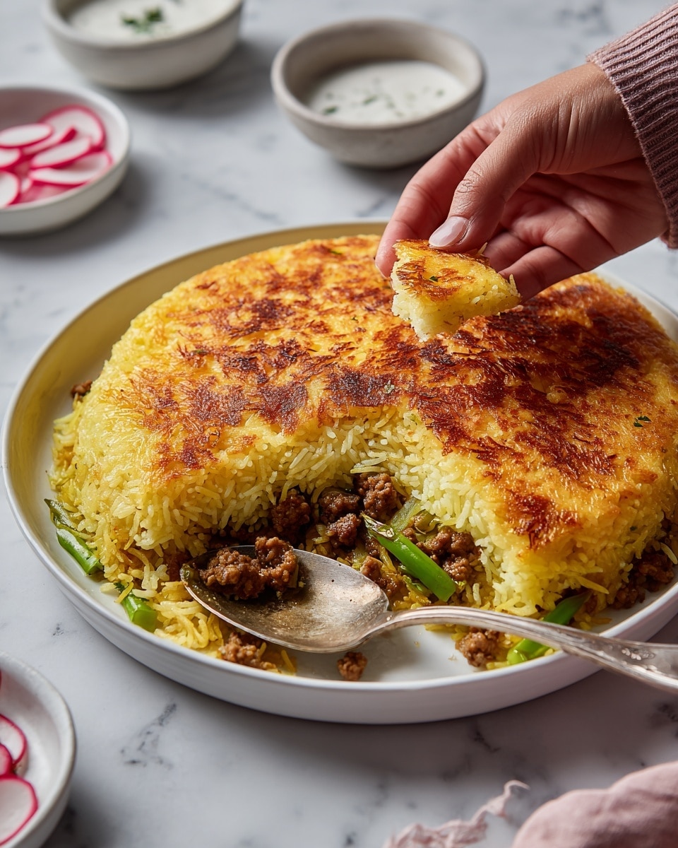 A close-up view of a layered rice dish showing two main layers: the top layer is a crispy golden-brown crust with a dry, crunchy texture, covering most of the dish on the edges. Below it is a soft layer of yellow rice mixed with chunks of browned meat and green vegetable pieces scattered evenly throughout. The rice grains are separate and fluffy, and the meat adds dark brown spots with a slightly rough texture. The dish sits on a white marbled surface. photo taken with an iphone --ar 4:5 --v 7