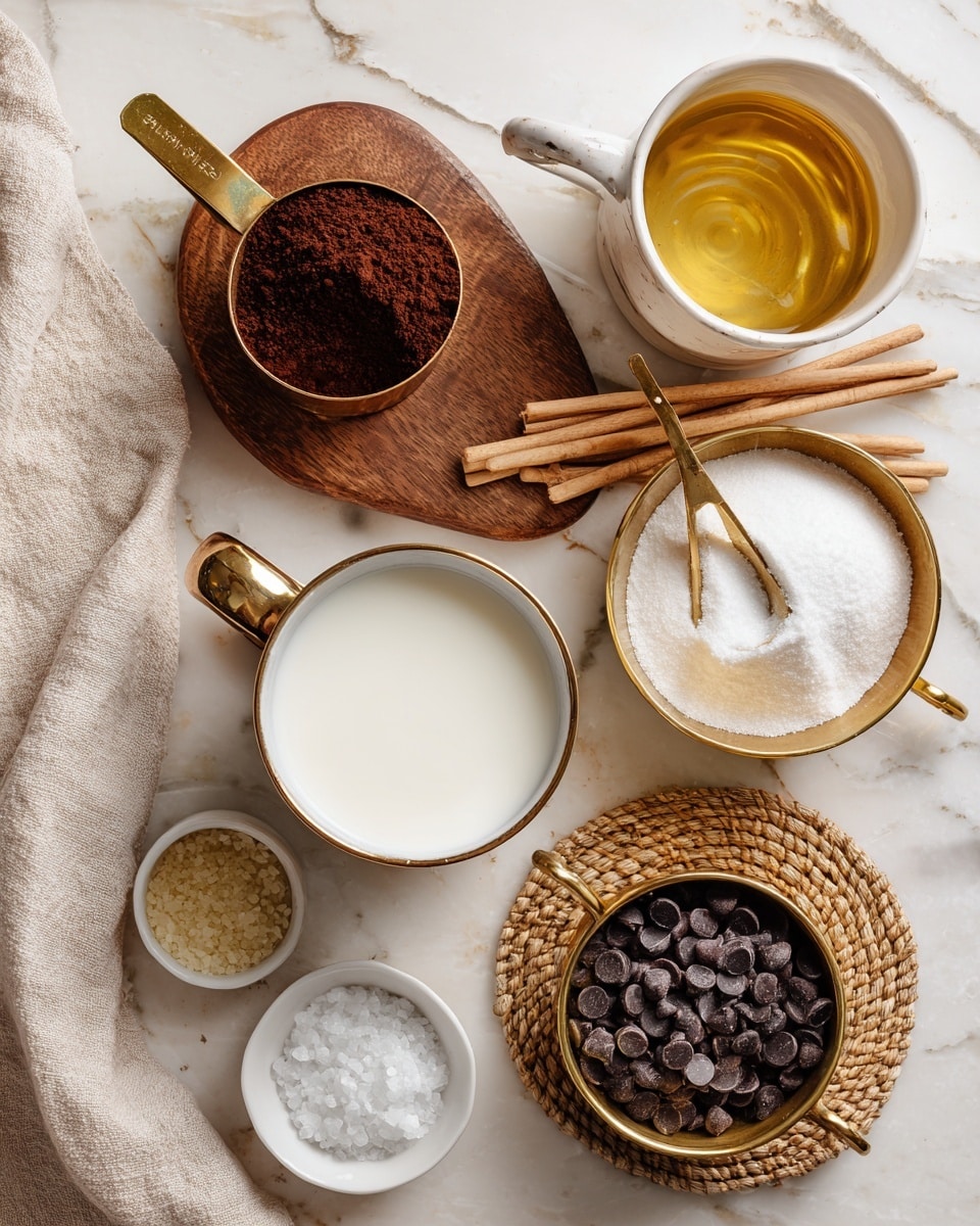 The image shows a flat lay of baking ingredients arranged on a white marbled surface. In the center, there is a white mug filled with milk, next to a brass measuring cup with dark brown cocoa powder on a wooden board. Above the mug, a white mug holds a golden liquid, while to the right, a brass measuring cup is filled with white granulated sugar and has wooden sticks laid beside it. Below, small white bowls hold a white powder, coarse salt, and a light cream liquid. At the bottom right, there is a white bowl containing dark chocolate chips placed on a small round woven mat. A beige cloth is casually placed on the left side. Photo taken with an iphone --ar 4:5 --v 7