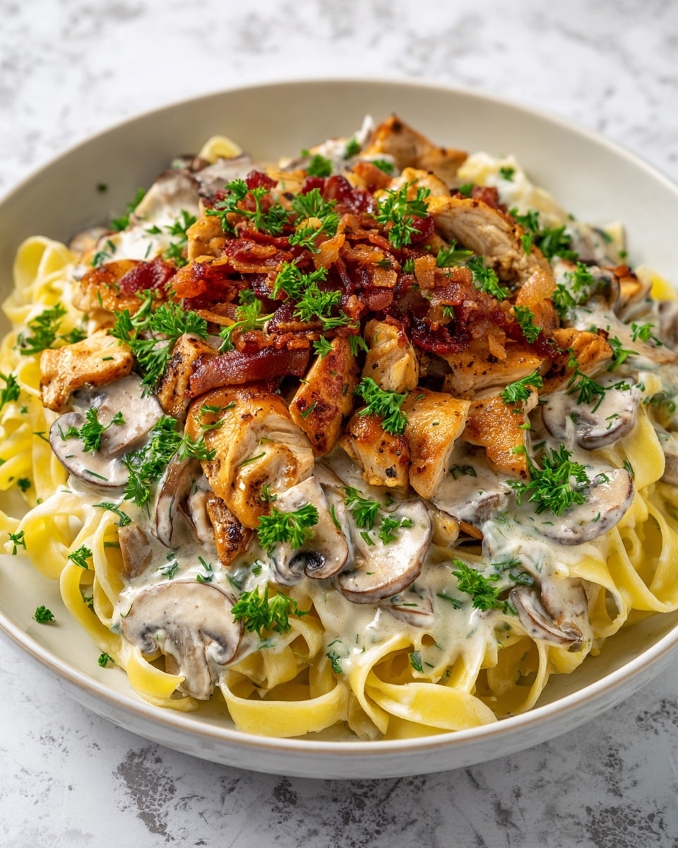 A white plate is full of creamy fettuccine pasta as the bottom layer, with pale yellow noodles twisted and mixed with mushrooms. On top of that is a thick layer of light cream sauce with small mushroom pieces, covering the noodles. Next, tender chunks of light brown cooked chicken pieces are scattered over the sauce. The dish is sprinkled with bright green chopped herbs and small bits of crispy brown bacon on the top, adding color and texture contrast. The plate sits on a white marbled textured surface. photo taken with an iphone --ar 4:5 --v 7