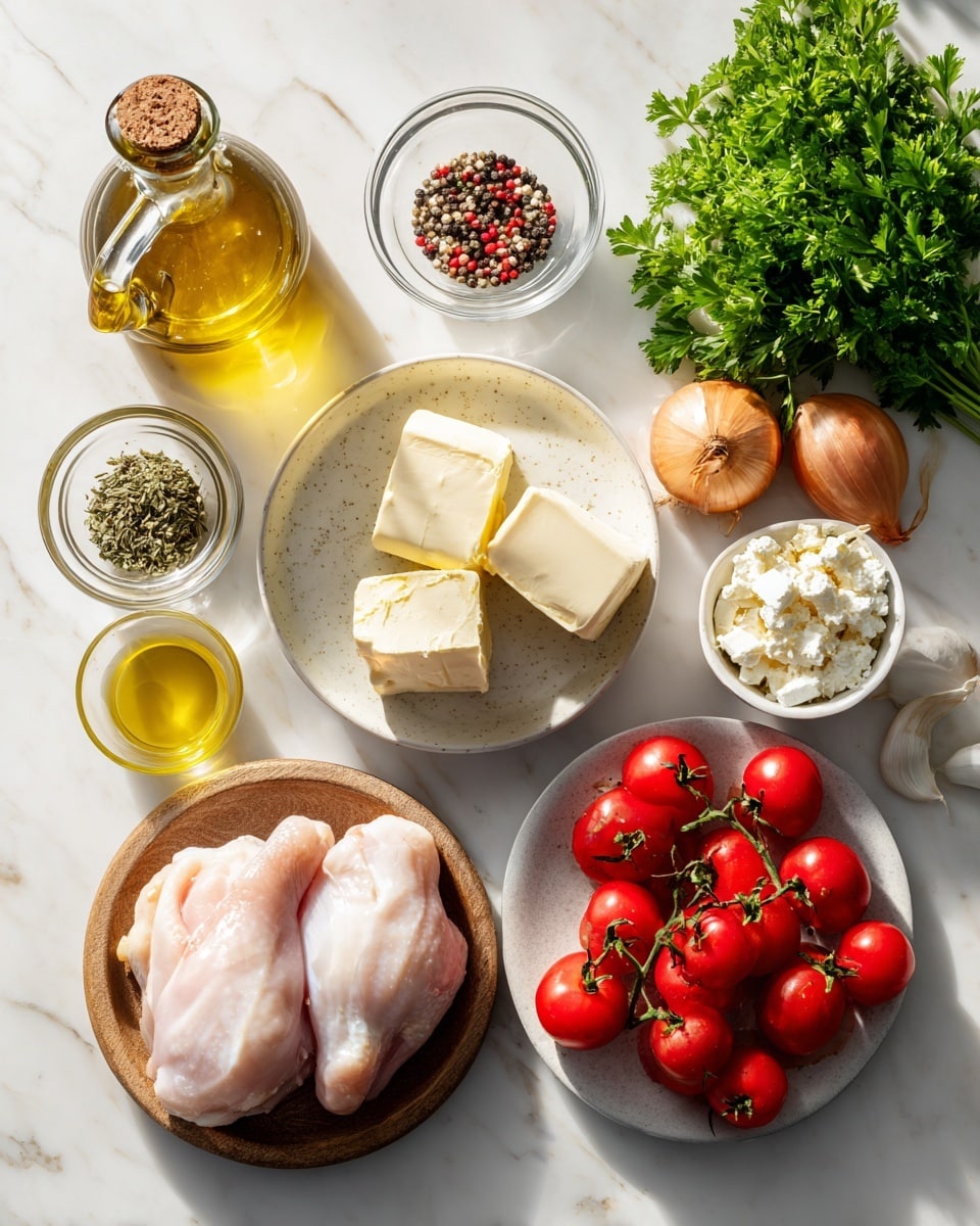 The image shows several fresh ingredients placed neatly on a white marbled surface. Starting from the top left, there is a glass bottle filled with golden olive oil with a cork stopper, next to it a small clear bowl of mixed peppercorns, and a small white bowl of salt. Near the top right, there is a bunch of fresh green parsley, and beside it a white bowl full of bright red cherry tomatoes still on their small green stems. Below, there is a white ceramic plate holding two thick pieces of pale yellow butter, with a whole white garlic bulb and three medium brown onions next to it. To the left, a small clear bowl holds dried green herbs, and behind it is another dish with soft feta cheese cubes. Below the herbs, a small glass container has more golden olive oil. Finally, in the bottom left corner, a wooden plate holds two large pieces of raw chicken with pale pink skin. The whole setup is lit well with natural light, showing clear textures and fresh colors. photo taken with an iphone --ar 4:5 --v 7