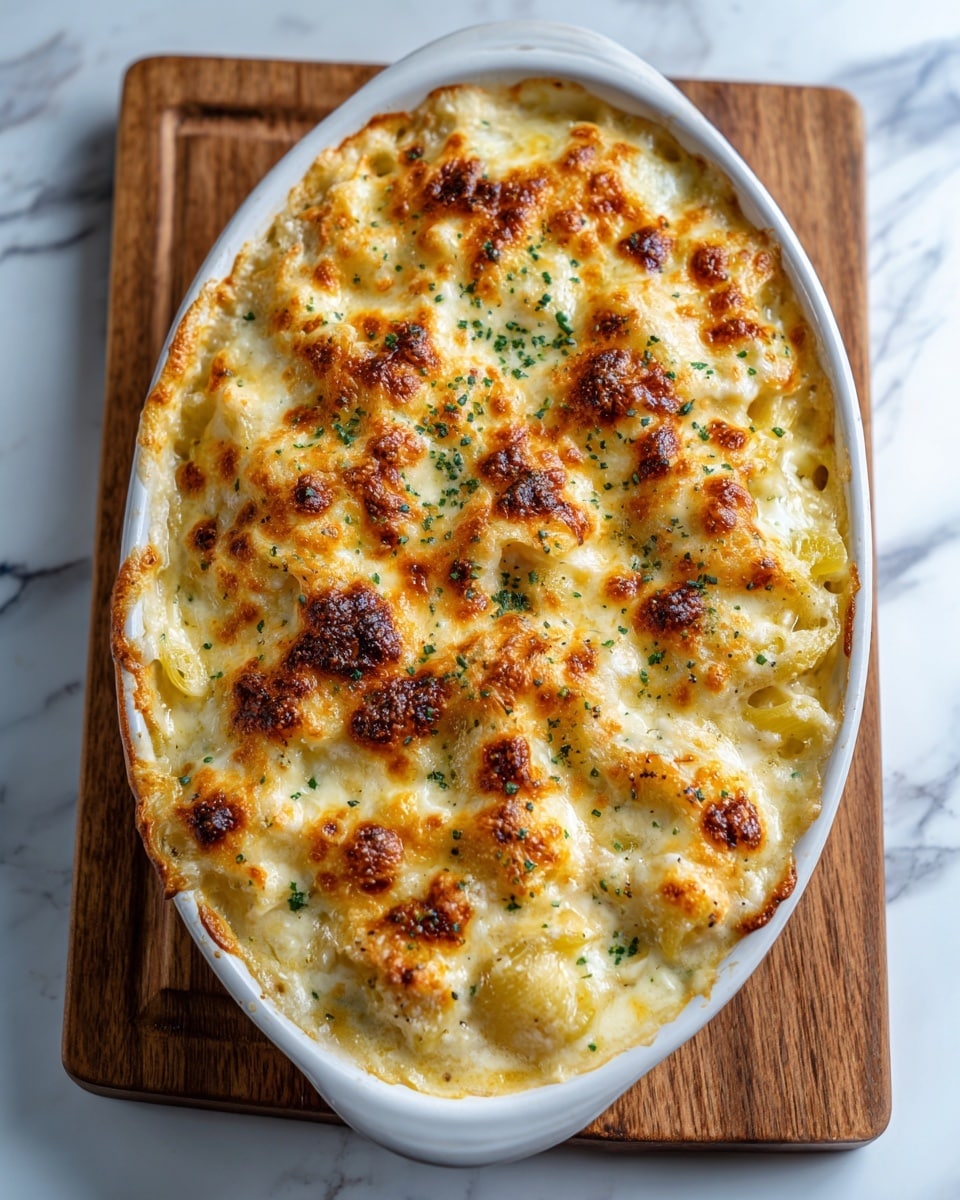 A white oval baking dish filled with a creamy, baked dish that has a golden brown top layer with bubbling melted cheese. The top layer is uneven with browned spots and sprinkled green herbs, giving it a textured look. Underneath the cheese crust, you can see a creamy white sauce mixed with soft, light yellow pieces of pasta or potato, creating a thick layered dish. The dish is placed on a wooden board over a white marbled surface, with warm sunlight highlighting the golden cheese and creaminess. photo taken with an iphone --ar 4:5 --v 7