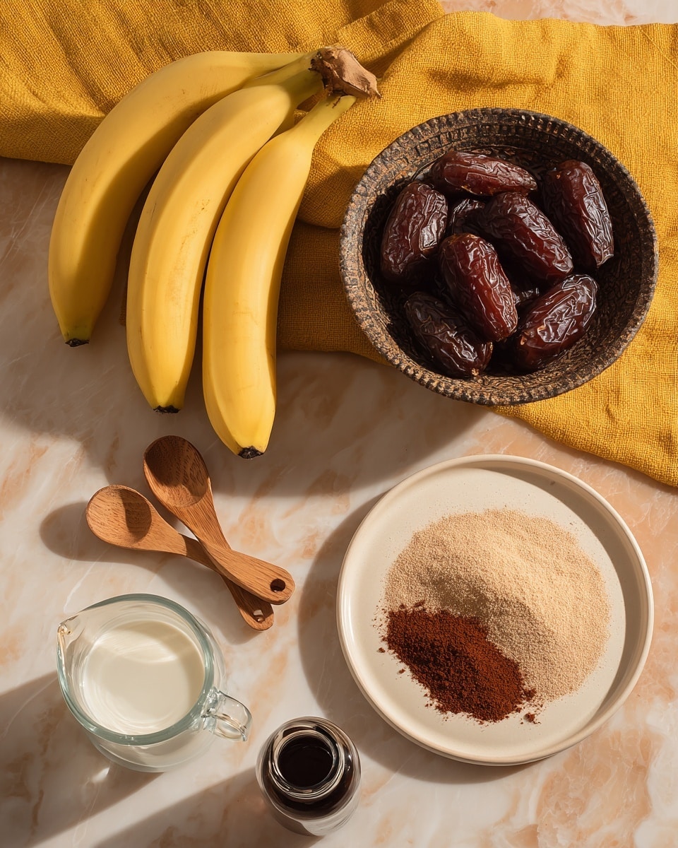 The image shows a white marble surface with a bunch of three bananas on the top left, alongside a mustard yellow cloth in the background. In the center, there is a textured bowl filled with dark brown dates. Below the bananas, three small wooden measuring spoons are stacked together. To the bottom left, there is a small clear jug containing white liquid. Near the center bottom, a small clear bottle with dark liquid is placed. Toward the right side of the image, a round jar with beige powder sits above a white plate. The plate holds a fine layer of reddish-brown powder spread evenly in the center. Photo taken with an iphone --ar 4:5 --v 7