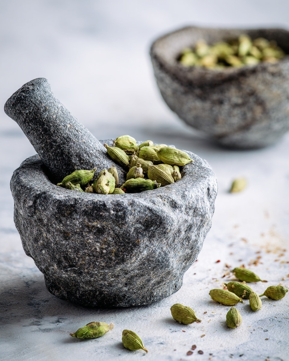A rough textured grey stone mortar filled with green cardamom pods sits on a white marbled surface. Inside the mortar, a matching pestle rests angled to the right, showing its porous texture. Several loose cardamom pods are scattered in front of the mortar on the white marbled surface. In the blurred background, a stone bowl containing more cardamom pods is visible. Photo taken with an iphone --ar 4:5 --v 7