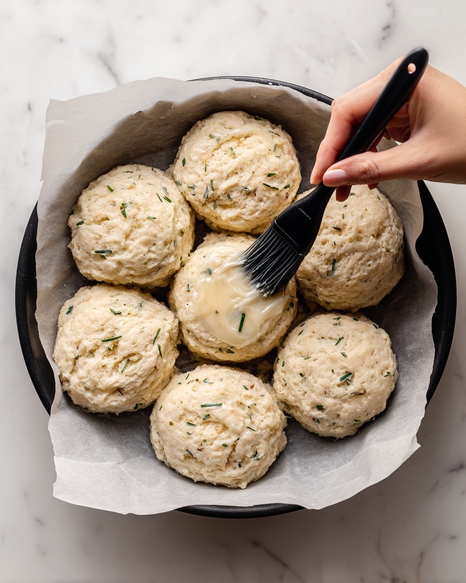 Seven round biscuit dough pieces are arranged in a circular pattern on white parchment paper inside a black pan. Each biscuit has a pale, creamy color with small bits of herbs visible throughout and a slightly rough texture. A woman's hand holding a black brush is gently spreading a shiny layer of butter or egg wash on the top center biscuit, giving it a light gloss. The setup is on a white marbled surface. photo taken with an iphone --ar 4:5 --v 7