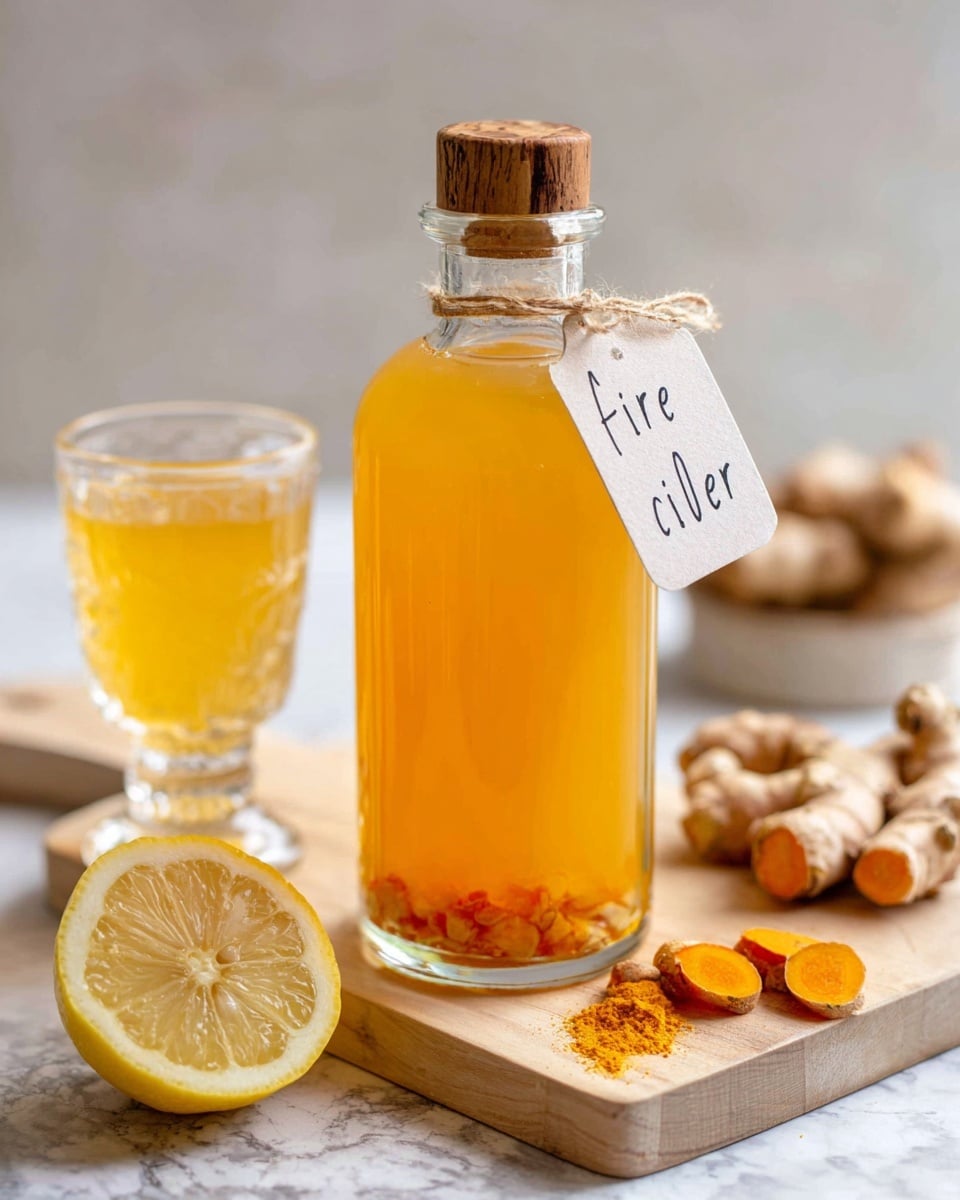 A clear glass bottle filled with a bright orange-yellow liquid stands on a light wooden board. The bottle has a natural wood cork on top and a thin rope tied around its neck holding a white tag that says
