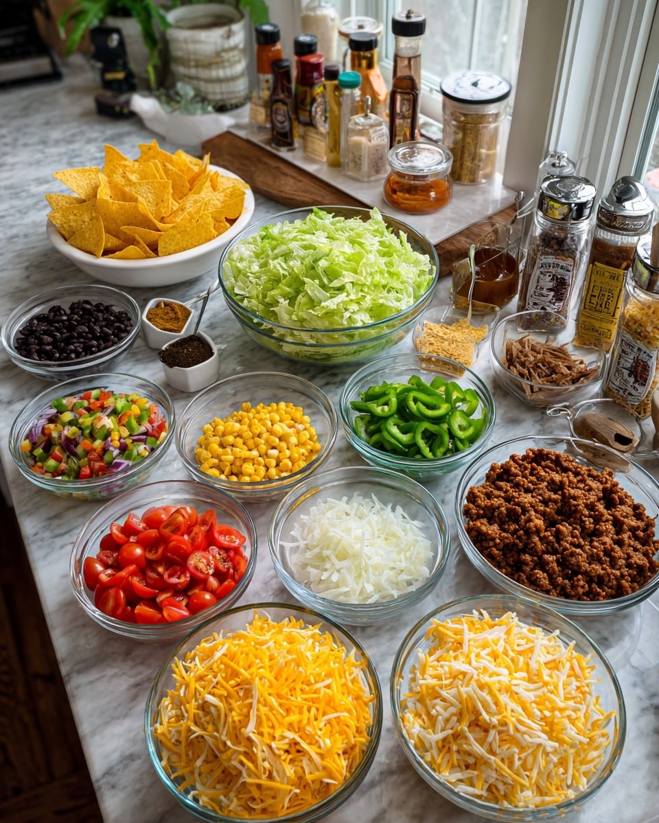 This image shows many clear glass bowls of different sizes arranged on a white marbled surface, each bowl filled with colorful taco ingredients. From top to bottom, there are two bowls and one white rectangular plate filled with yellow corn tortilla chips. To the right, a bowl of cooked brown ground meat. Next to it, a bowl with sliced green bell peppers. Below, a bowl with mixed diced vegetables including corn and peppers, and a bowl with pulled meat. In the middle, a large bowl of green lettuce leaves. Surrounding the lettuce bowl are bowls with white chopped onions, black olive slices, yellow shredded cheese, a small bowl with brown taco seasoning, halved red grape tomatoes, and bright yellow corn kernels. At the bottom, a large bowl filled with a large pile of shredded yellow and white cheese, and next to it, a bowl with white cubed cheese. There are also bottles of spices and sauces placed at the top near a window showing natural light. Photo taken with an iphone --ar 4:5 --v 7