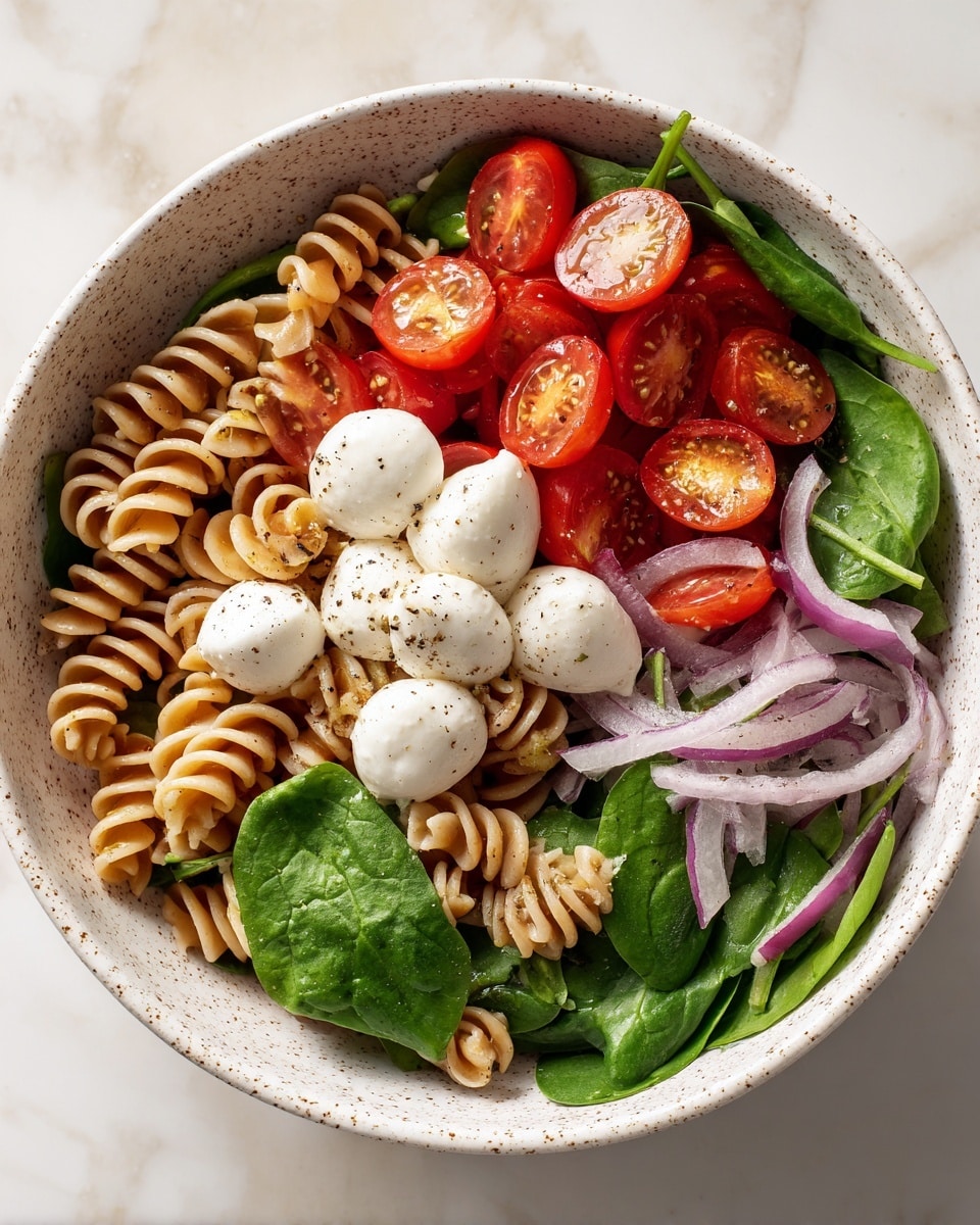 The dish is a white speckled bowl filled with about three layers of food. The bottom layer is spiral-shaped pasta with a light orange tint. Mixed throughout are bright red halved cherry tomatoes, small white mozzarella balls, and long green chili peppers. Thin strips of purple onion and dark green wilted spinach leaves are spread evenly on top, giving a mix of soft and crisp textures. The whole dish is lightly coated with a shiny dressing and sprinkled with black pepper. The bowl is placed on a surface with a white marbled texture. photo taken with an iphone --ar 4:5 --v 7