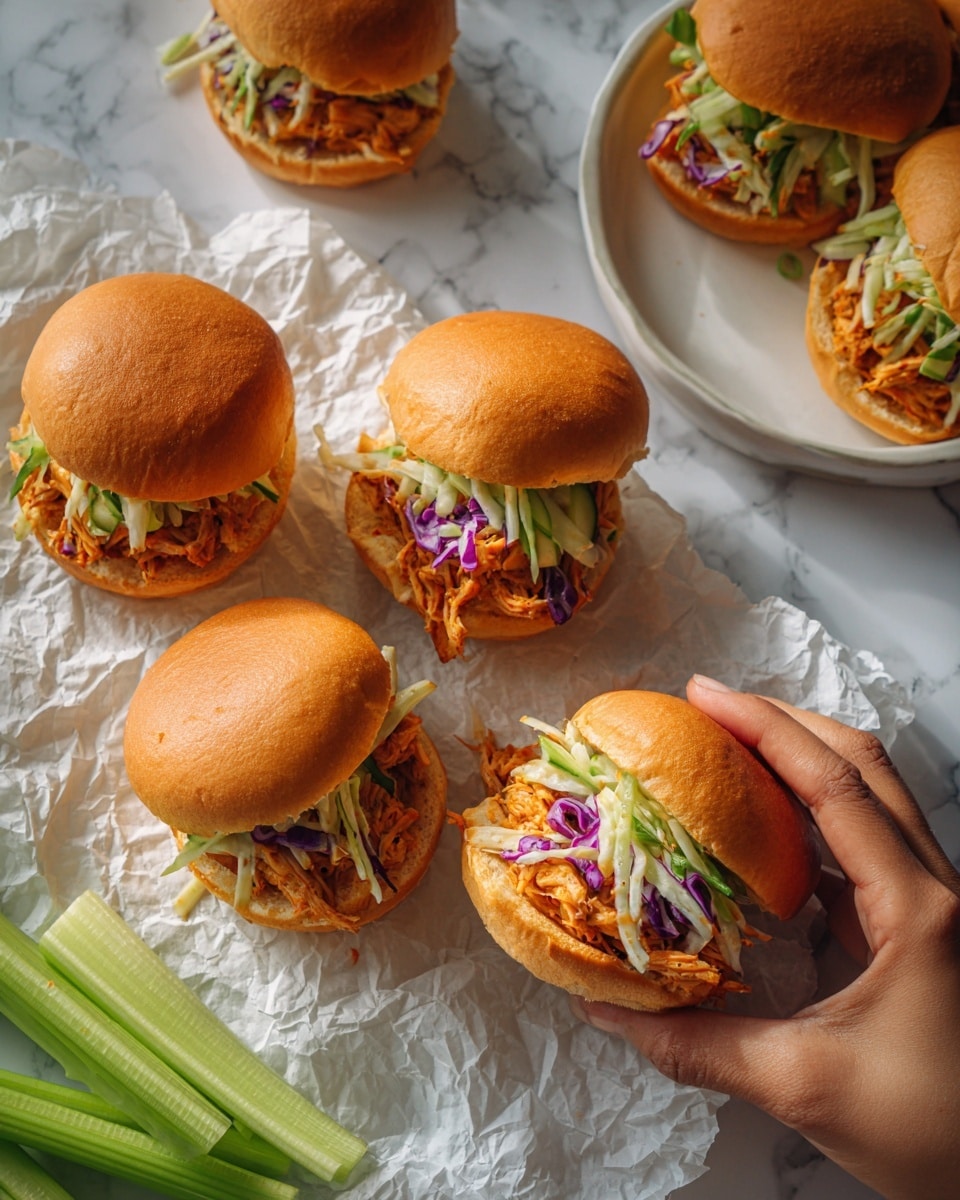 The image shows small sandwiches on soft, shiny light brown buns with a smooth top layer. Inside each sandwich are two main layers: the bottom layer is light orange shredded meat, and the top layer is a colorful mix of shredded leafy greens and purple cabbage, adding texture and color contrast. Some sandwiches are fully stacked, while one in the back is slightly open, showing the layers clearly. The sandwiches rest on crumpled white parchment paper placed on a white marbled surface. To the side, there are fresh green celery sticks and a white plate with a sandwich resting on it. A woman's hand is gently holding one of the sandwiches on the right side of the image. The overall light is soft and natural, making the colors of the food stand out. photo taken with an iphone --ar 4:5 --v 7