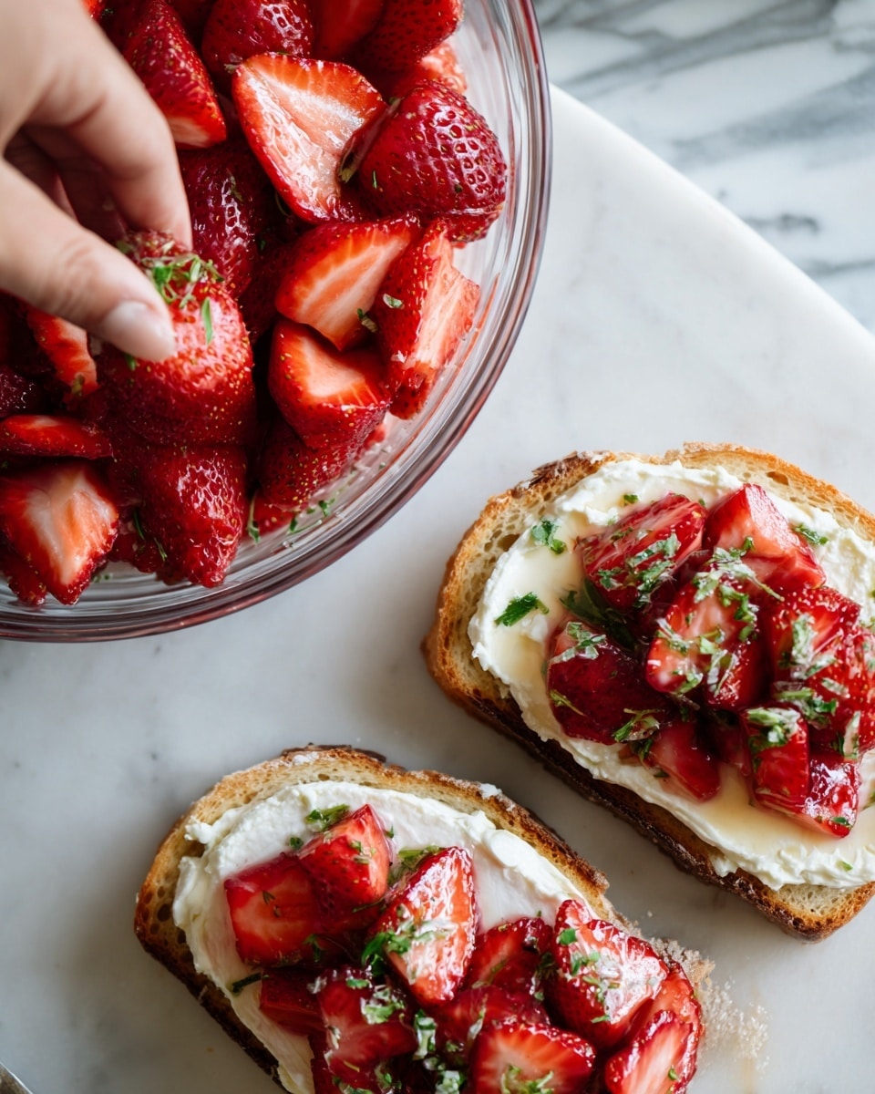 The image shows two parts: the left side has a clear glass dish filled with bright red strawberry halves arranged neatly on a white marbled surface. A woman's hand is placing small green herb sprigs on top of the strawberries. On the right side, there are close-up slices of toasted white bread topped with a thick layer of creamy white cheese, and piled with glossy, chopped strawberries mixed with syrup, garnished with fresh green herbs. The overall look is fresh, colorful, and inviting, with sharp details highlighting the textures of the fruit, cream, and toast. photo taken with an iphone --ar 4:5 --v 7
