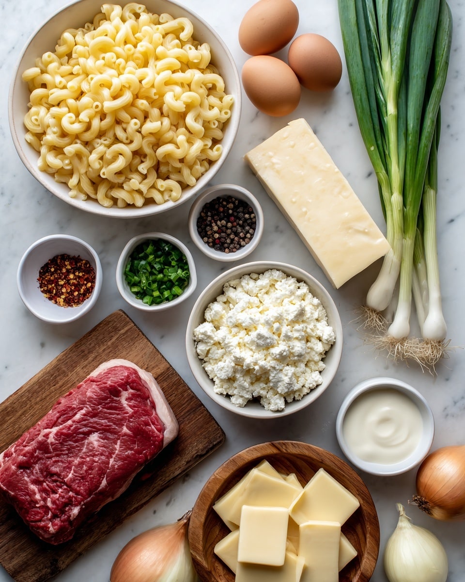The image shows various ingredients neatly arranged on a white marbled surface. In the center is a white bowl filled with curly yellow pasta. To the right, there is a block of pale yellow cheese and a bunch of fresh green onions standing upright. Below the pasta, a larger white bowl contains crumbly white cheese. Towards the left, a wooden board holds a thick piece of red raw beef with white marbling. A wooden bowl near the bottom is filled with square yellow cheese slices. A white bowl at the top holds chopped green herbs. There are three brown eggs placed in a wooden bowl near the top left. Around the edges are small white bowls containing whole black peppercorns, sour cream, butter, chopped shallots, and red pepper flakes. Two yellow onions lie on the marbled surface, one near the bottom left and one near the middle right. The layout is clean and organized with clear colors and textures. photo taken with an iphone --ar 4:5 --v 7