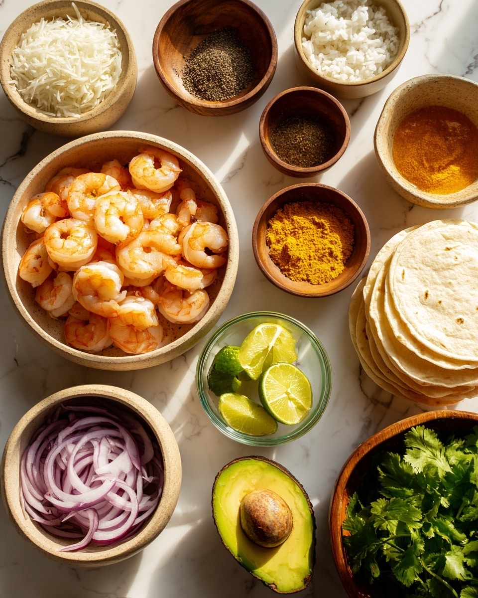 The image shows a top-down view of various small bowls and ingredients arranged on a white marbled surface. In the center, there is a large beige bowl filled with peeled, pinkish-orange shrimp with a soft texture. Around it, from top left clockwise, there is a small brown bowl with ground black pepper, a beige bowl with bright green lime wedges, another beige bowl filled with white cooked rice, a smaller beige bowl holding lime wedges, a clear glass bowl containing bright yellow-orange powder, and a beige bowl with two white stacked tortillas. Toward the bottom right, there is a halved avocado with a green outer skin and bright yellow-green inside. Near it, a smaller glass container holds a reddish-brown sauce, and to its left, there is a wooden bowl filled with fresh green leafy cilantro. On the left side, a beige bowl has thinly sliced rings of purple-red onion. The setting is bright with natural light and the items are neatly organized. Photo taken with an iphone --ar 4:5 --v 7