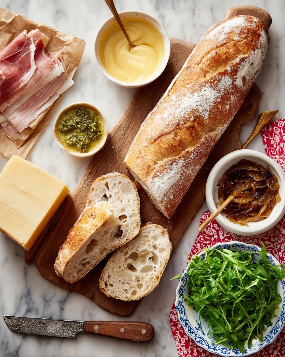 The image shows a rustic food arrangement on a wooden board placed on a white marbled surface. In the center, there is a long baguette with a golden-brown crust, dusted lightly with flour, and two halves of the baguette showing a soft, airy interior with irregular holes. To the top left, a small white bowl with creamy yellow sauce and a golden spoon inside. To the right of the board, a white bowl with dark brown caramelized onions and another white bowl with bright green pesto, each with a spoon. At the bottom left, there is a square block of pale cheese with a textured rind next to a thinly sliced roast meat with a pink center. Below, a white bowl decorated with blue floral patterns holds fresh green arugula. A serrated knife with a wooden handle lies diagonally near the bottom edge. A patterned cloth in red and white is partially visible on the right side. photo taken with an iphone --ar 4:5 --v 7