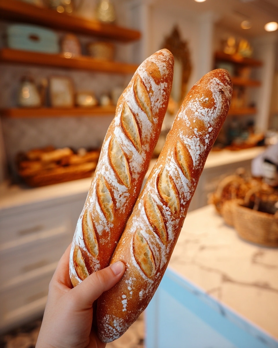 A woman's hand holding two long, golden brown baguettes dusted with white flour, each baguette showing a pattern of leaf-shaped cuts along the top. The background features a white marbled kitchen counter with a warm, homey setting including wooden shelves, glassware, a lamp with a floral patterned lampshade, books, a small basket, and other kitchen items softly lit behind. photo taken with an iphone --ar 4:5 --v 7
