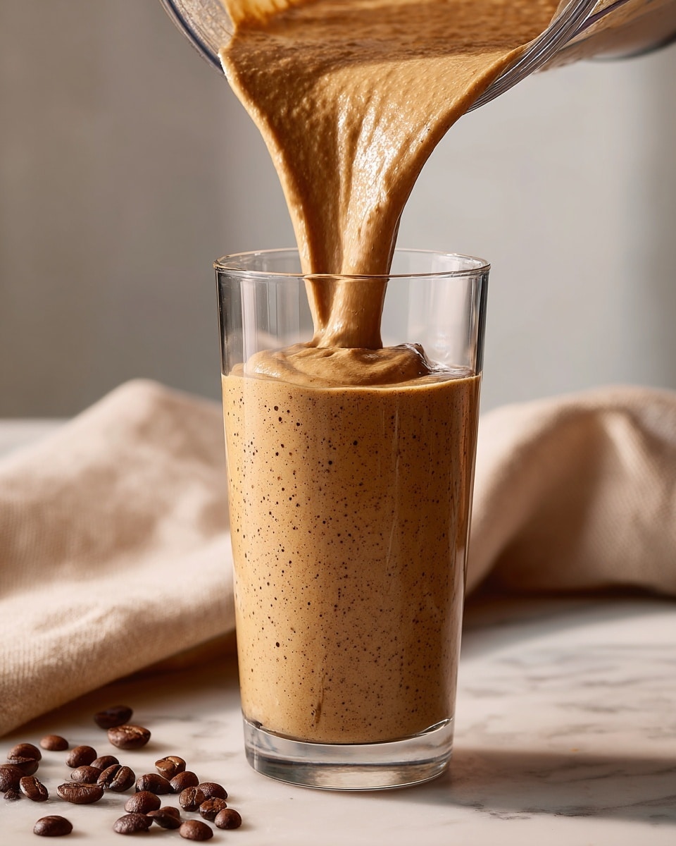 A tall clear glass is placed on a white marbled surface, and a thick light brown smoothie with tiny darker specks is being poured from a blender into the glass, filling it halfway. Around the glass and blender, scattered dark brown coffee beans add contrast to the scene while a neutral beige cloth with a soft texture lies in the background. The blender is tilted above the glass with the smoothie flowing smoothly in a thick stream, showing its creamy texture. Photo taken with an iphone --ar 4:5 --v 7