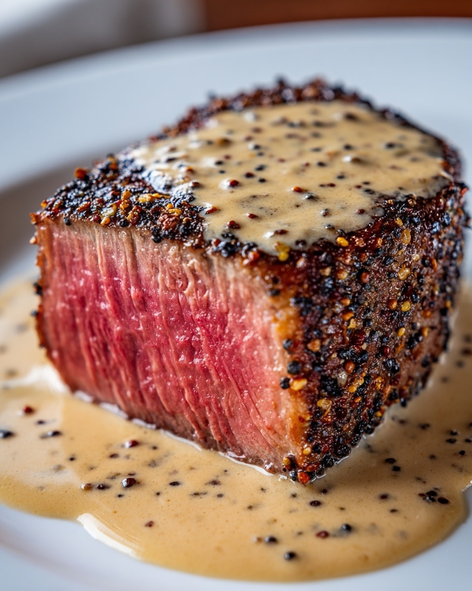 A thick, medium-rare steak sits on a white plate with a white marbled surface, showing a deep pink inside and a dark pepper crust all around the outside. The top is covered with a creamy, light brown peppercorn sauce that spills over the sides. Small bits of black and golden peppercorns add texture to the crust and sauce. The steak is cut to show its juicy center against the crunchy outside, with sauce pooling on the plate under it. Photo taken with an iphone --ar 4:5 --v 7