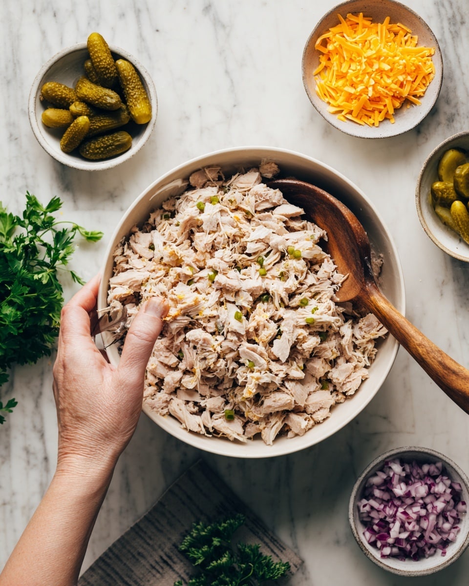 A close-up view of a large white bowl filled with small chunks of cooked light beige meat mixed with a wooden spoon resting on the right side. Around the bowl, there are small white bowls holding green pickles, finely chopped purple onions, and shredded orange cheese, all placed on a white marbled surface. A woman's hand lightly touches some fresh green leafy herbs next to the bowl photo taken with an iphone --ar 4:5 --v 7