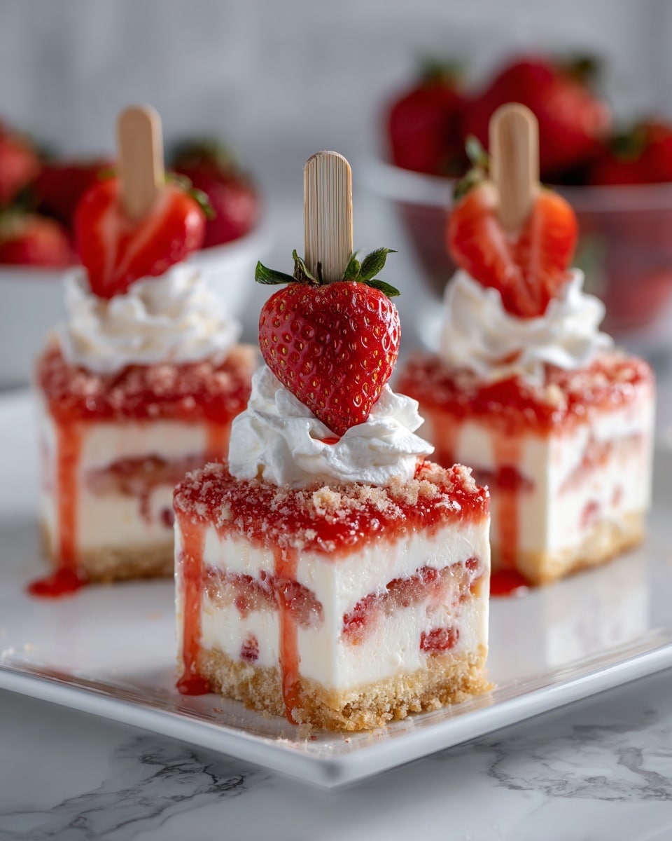 The image shows three rectangular slices of a layered dessert on a white plate. Each slice has a crumbly light yellow base, followed by a thick white creamy layer with visible small pieces of red strawberries inside. Above that is another thin layer of red strawberry jam or sauce, topped with a crumbly, textured red and beige layer. On top of each slice is a dollop of white whipped cream holding a half strawberry. Each slice is on a wooden stick. The background is a white marbled surface with a blurred white bowl filled with whole strawberries. Photo taken with an iphone --ar 4:5 --v 7
