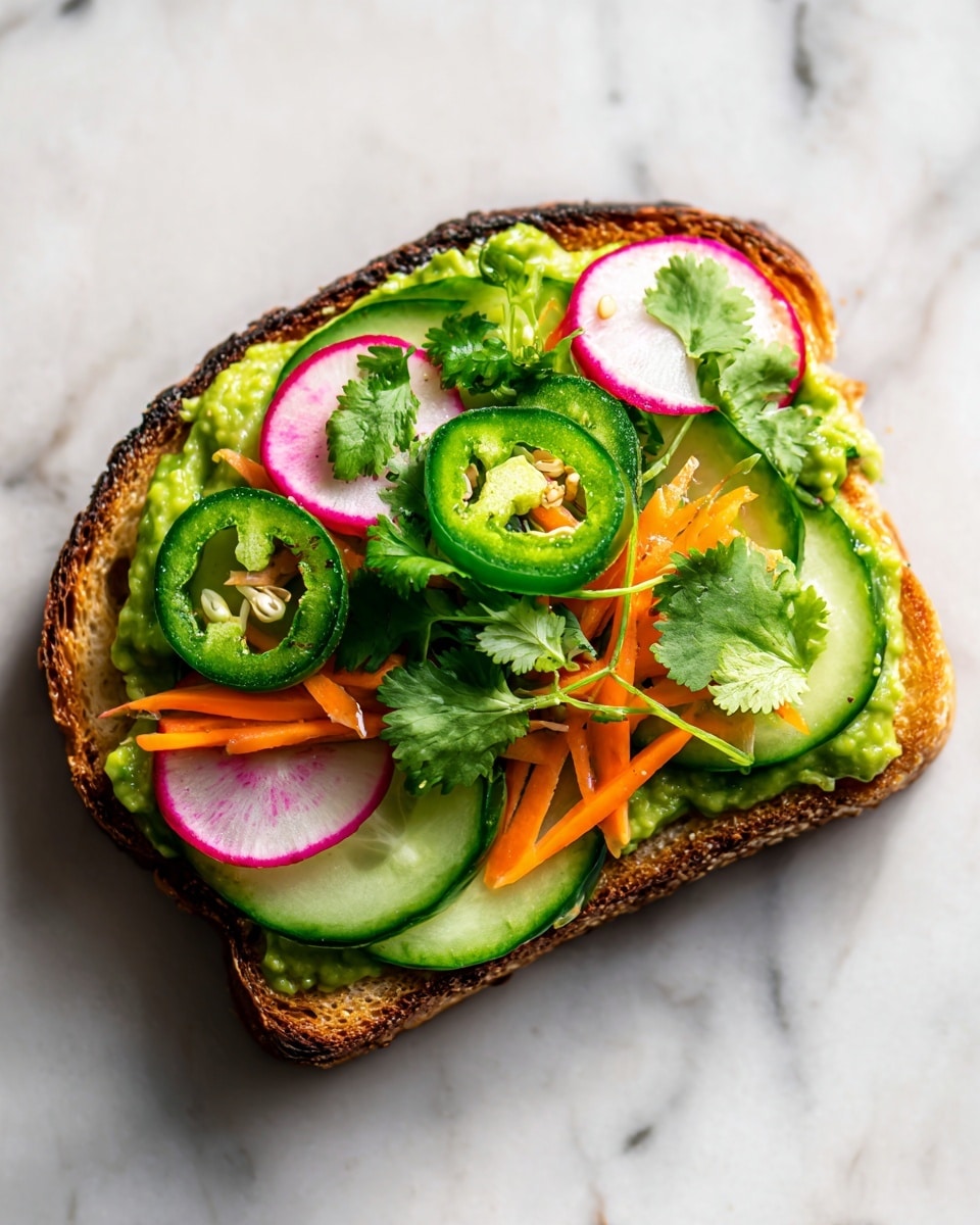 A toasted slice of bread sits on a white marbled surface. The base layer on the bread is mashed avocado spread evenly, giving a creamy green texture. On top of the avocado, there are thin cucumber slices arranged flat. Over the cucumbers, there are thin strips of orange carrot and pink pickled radish scattered loosely. Several slices of green jalapeno peppers are placed among the vegetables. Finally, fresh green cilantro leaves are spread on top, adding a fresh look. The edges of the bread are golden and crispy. Photo taken with an iphone --ar 4:5 --v 7